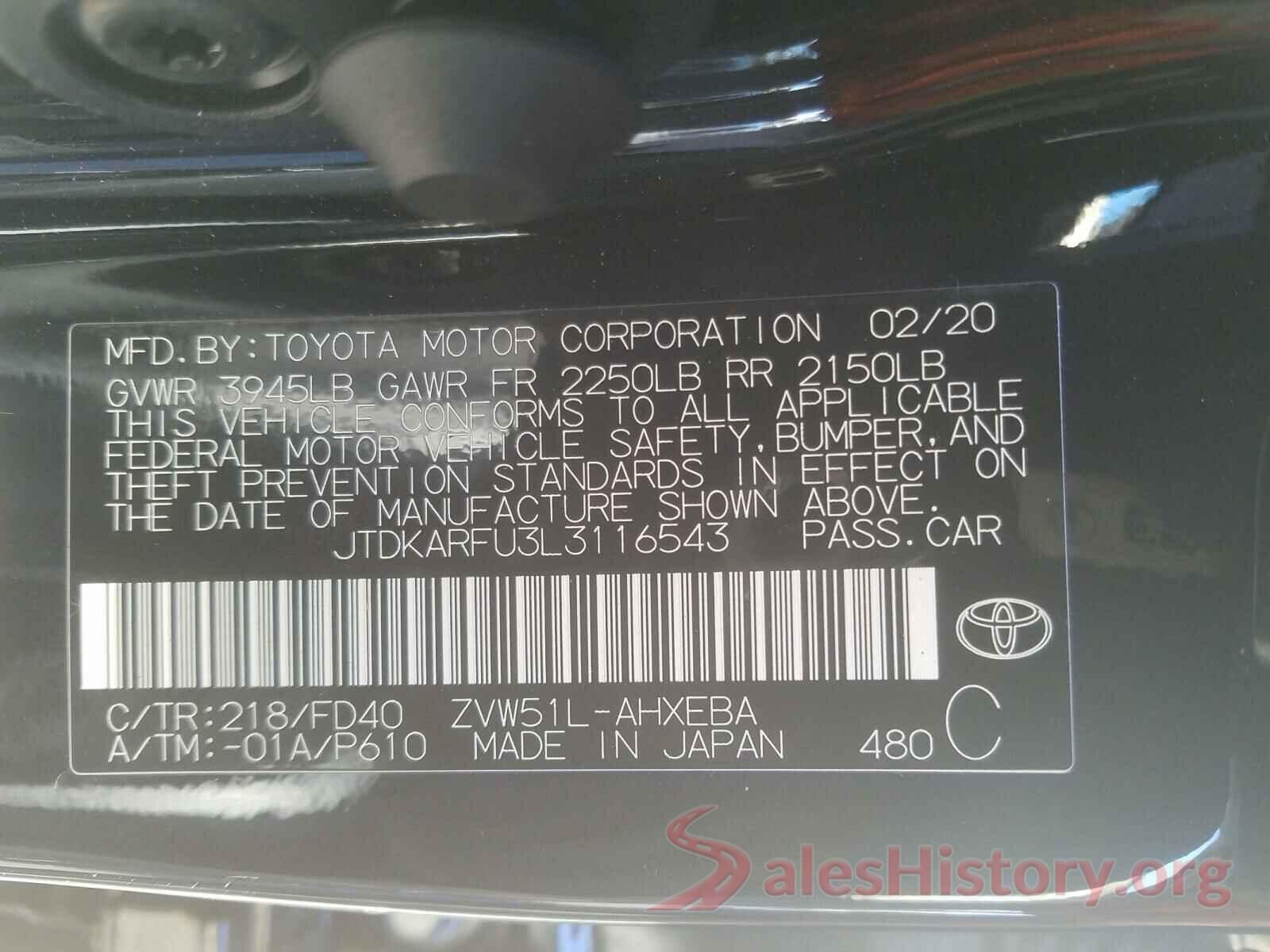 JTDKARFU3L3116543 2020 TOYOTA PRIUS