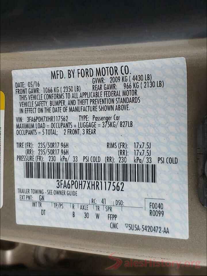 3FA6P0H7XHR117562 2017 FORD FUSION