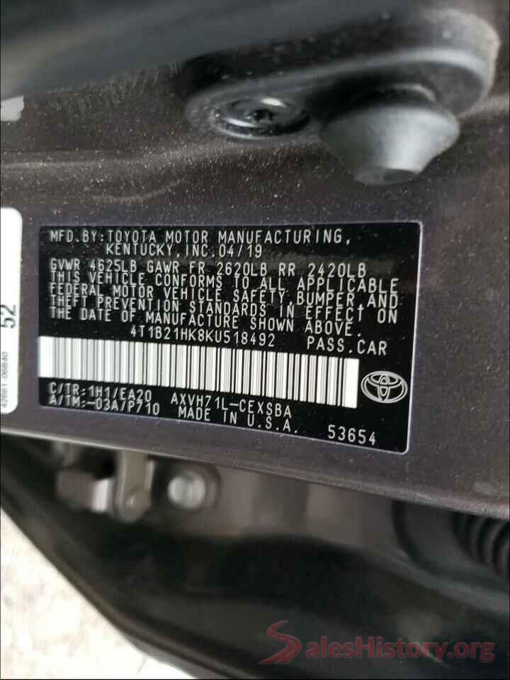 4T1B21HK8KU518492 2019 TOYOTA CAMRY