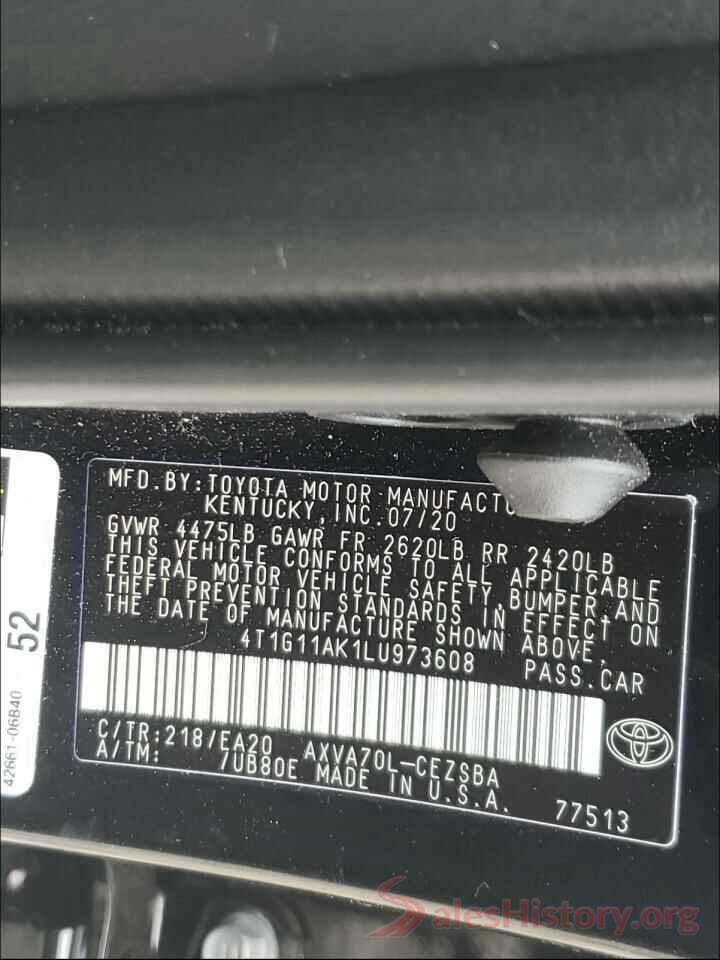 4T1G11AK1LU973608 2020 TOYOTA CAMRY