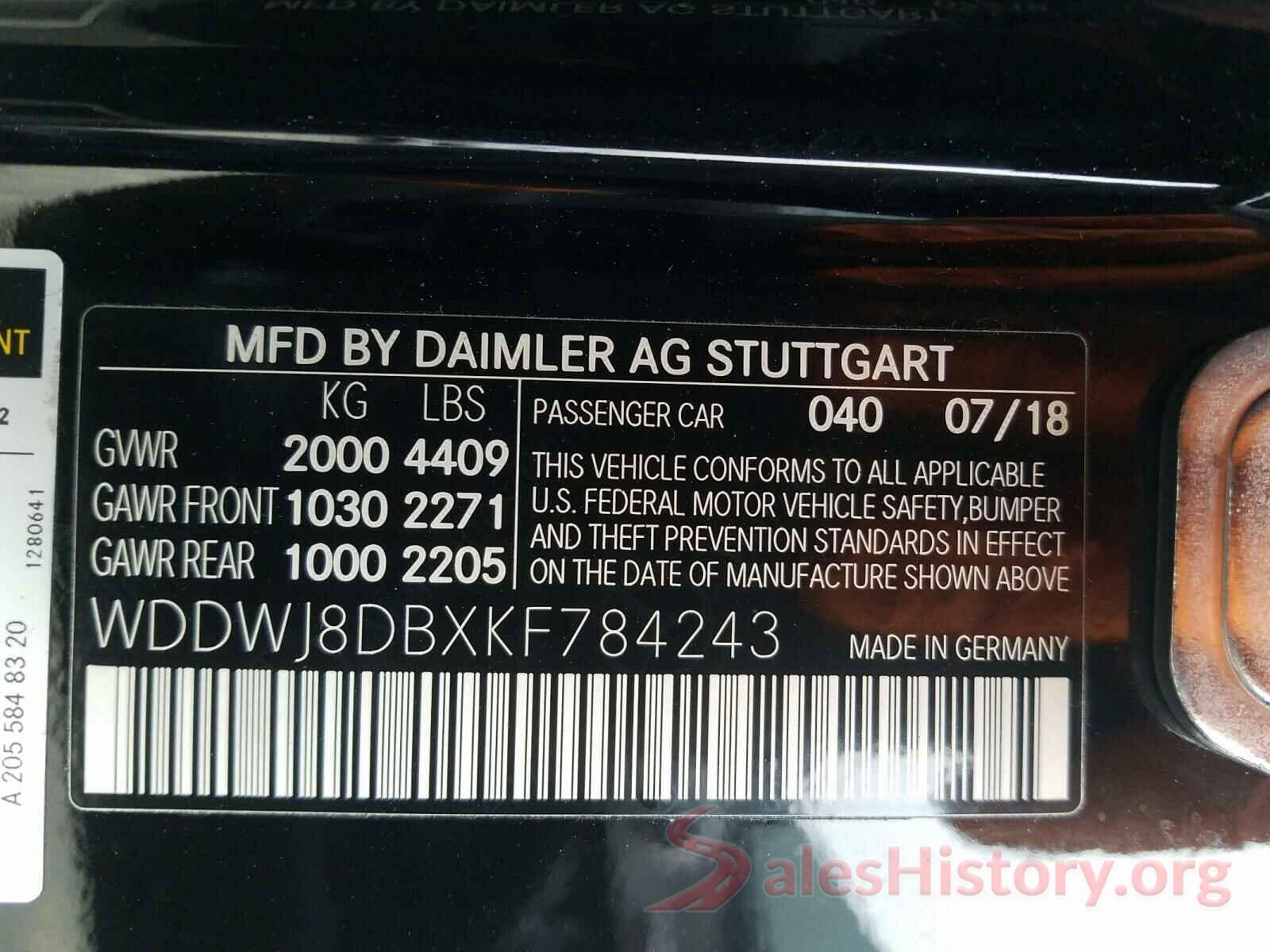 WDDWJ8DBXKF784243 2019 MERCEDES-BENZ C CLASS