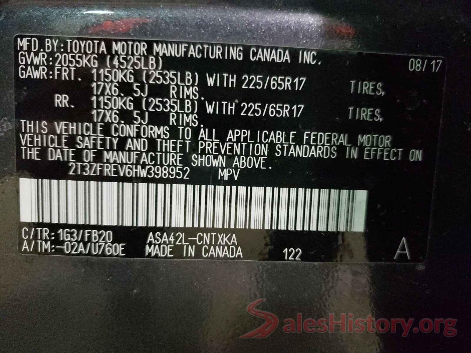 2T3ZFREV6HW398952 2017 TOYOTA RAV4