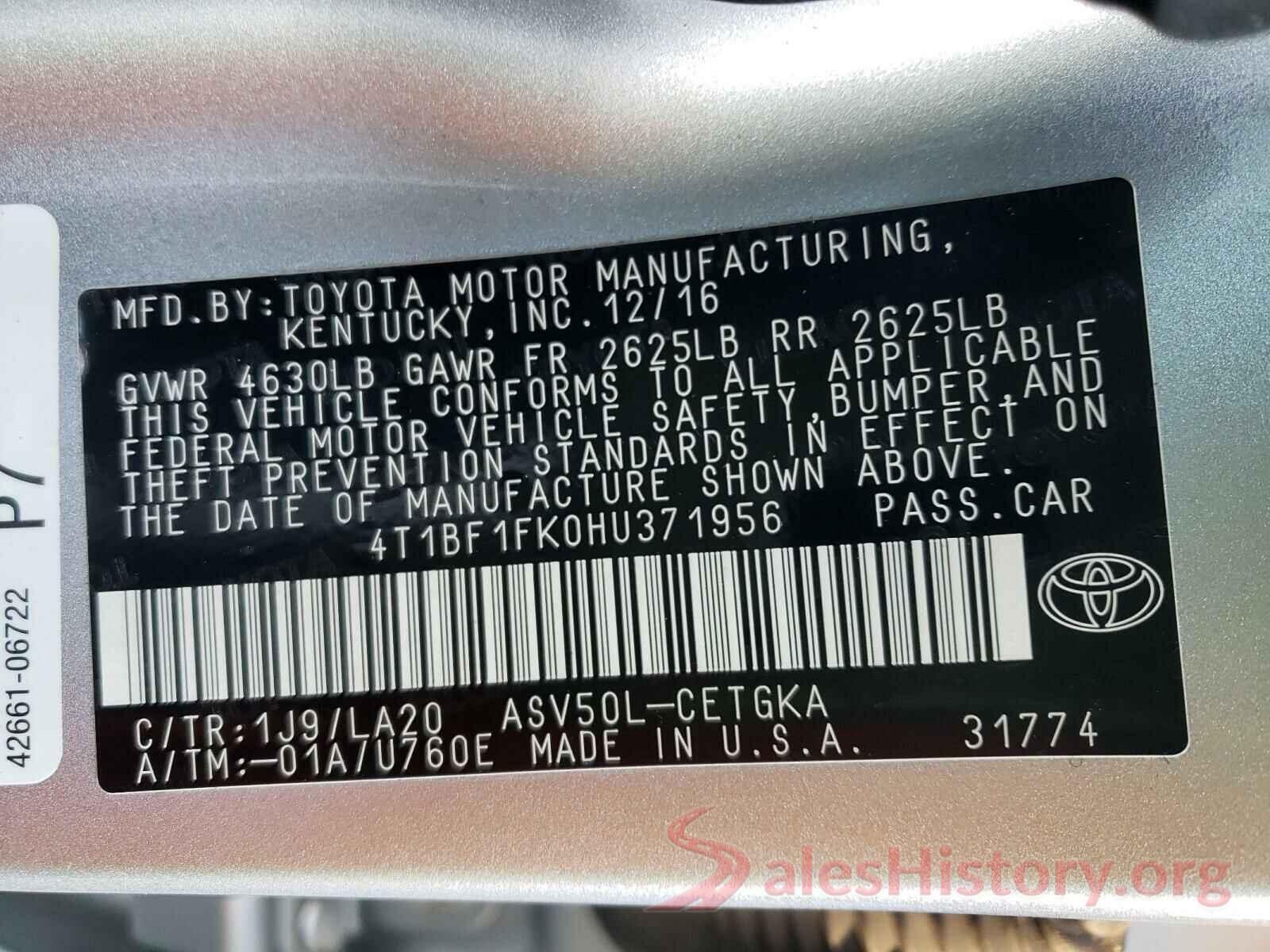 4T1BF1FK0HU371956 2017 TOYOTA CAMRY