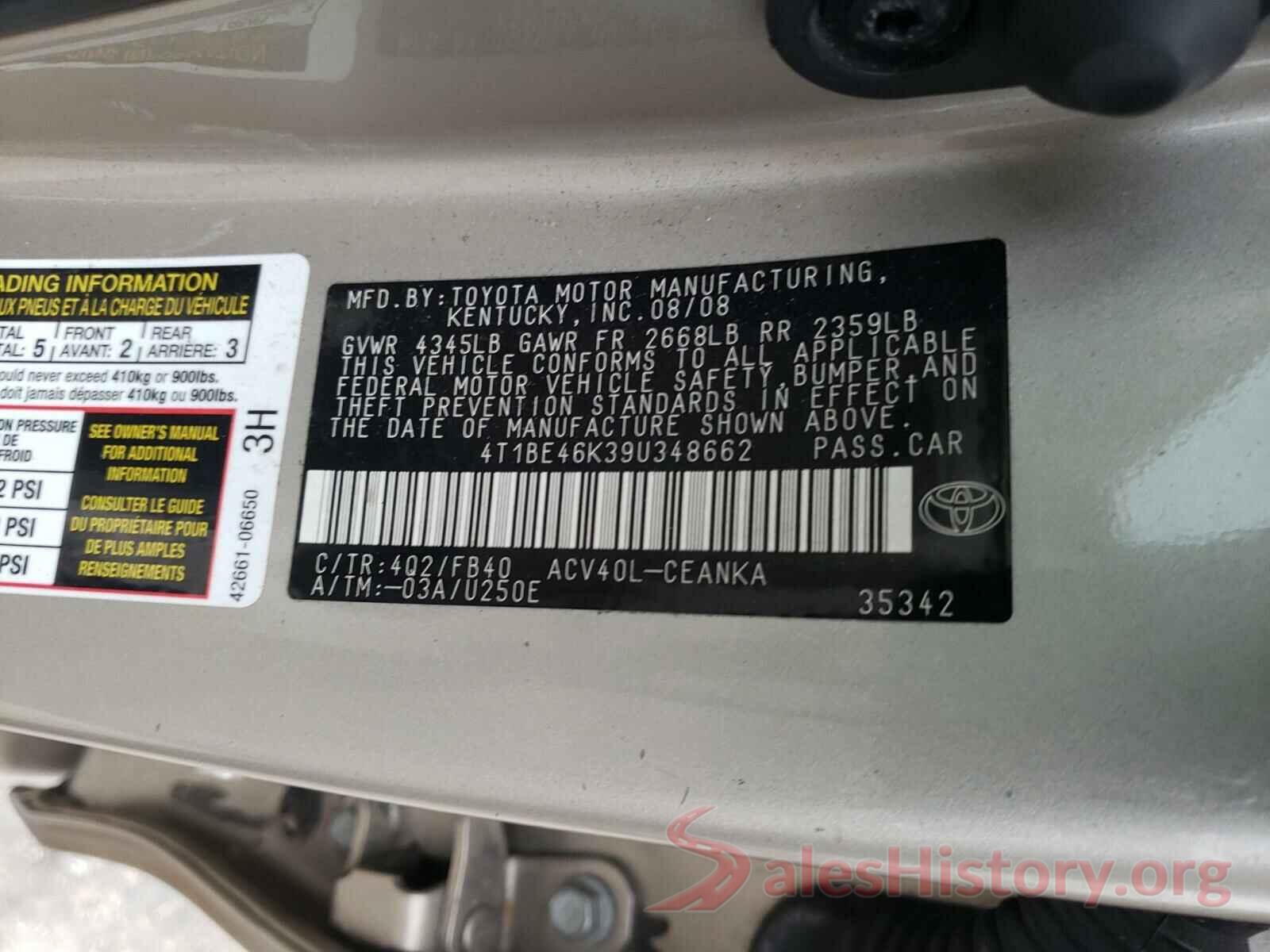 4T1B11HK8KU169885 2009 TOYOTA CAMRY