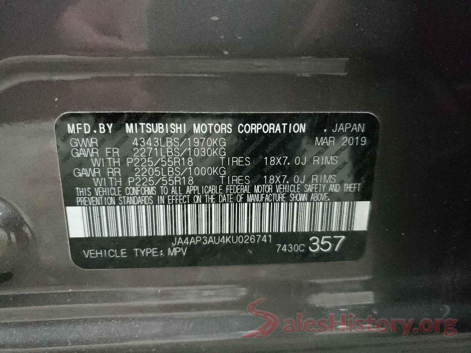 JA4AP3AU4KU026741 2019 MITSUBISHI OUTLANDER