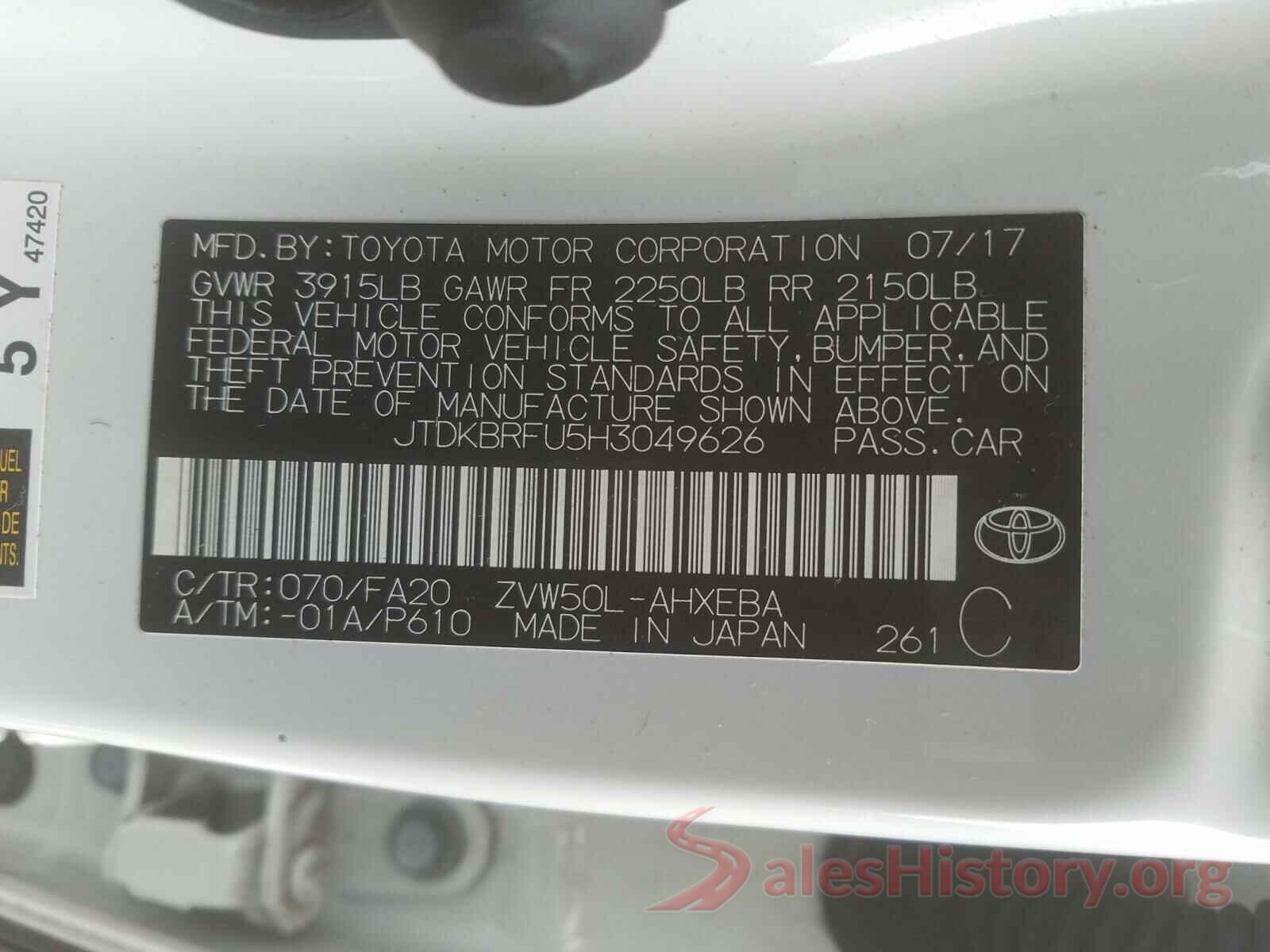 JTDKBRFU5H3049626 2017 TOYOTA PRIUS