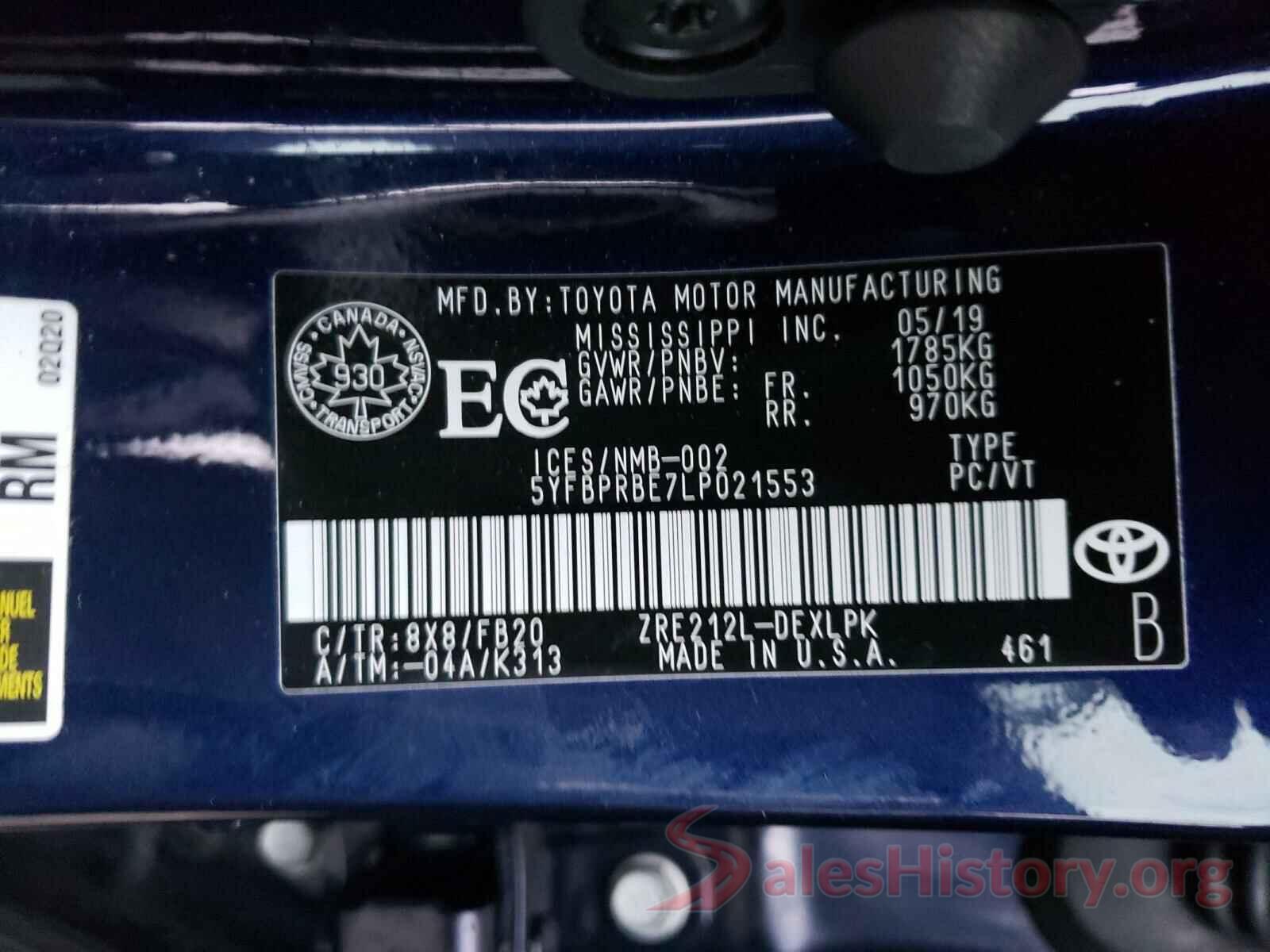 5YFBPRBE7LP021553 2020 TOYOTA COROLLA