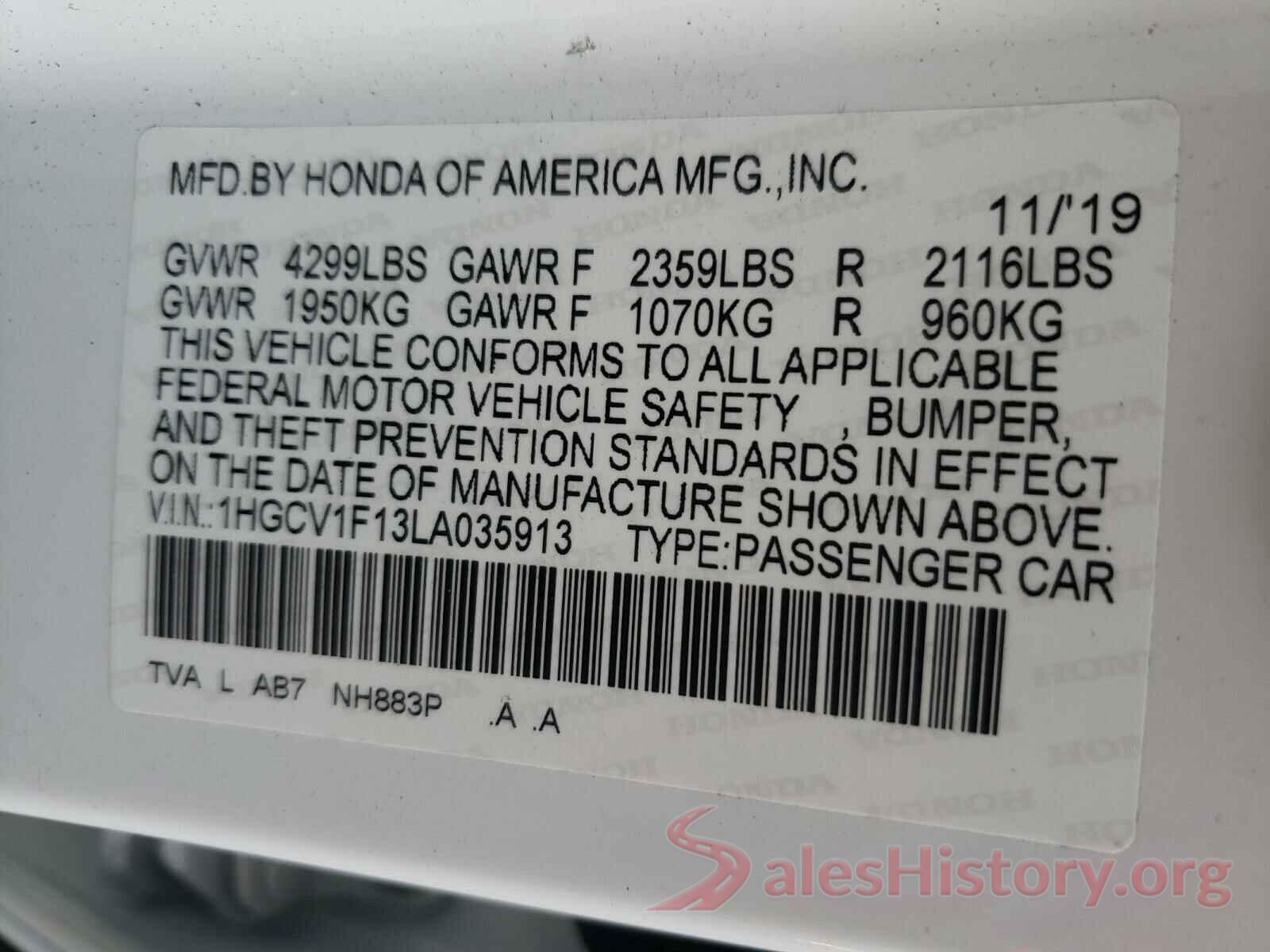 1HGCV1F13LA035913 2020 HONDA ACCORD