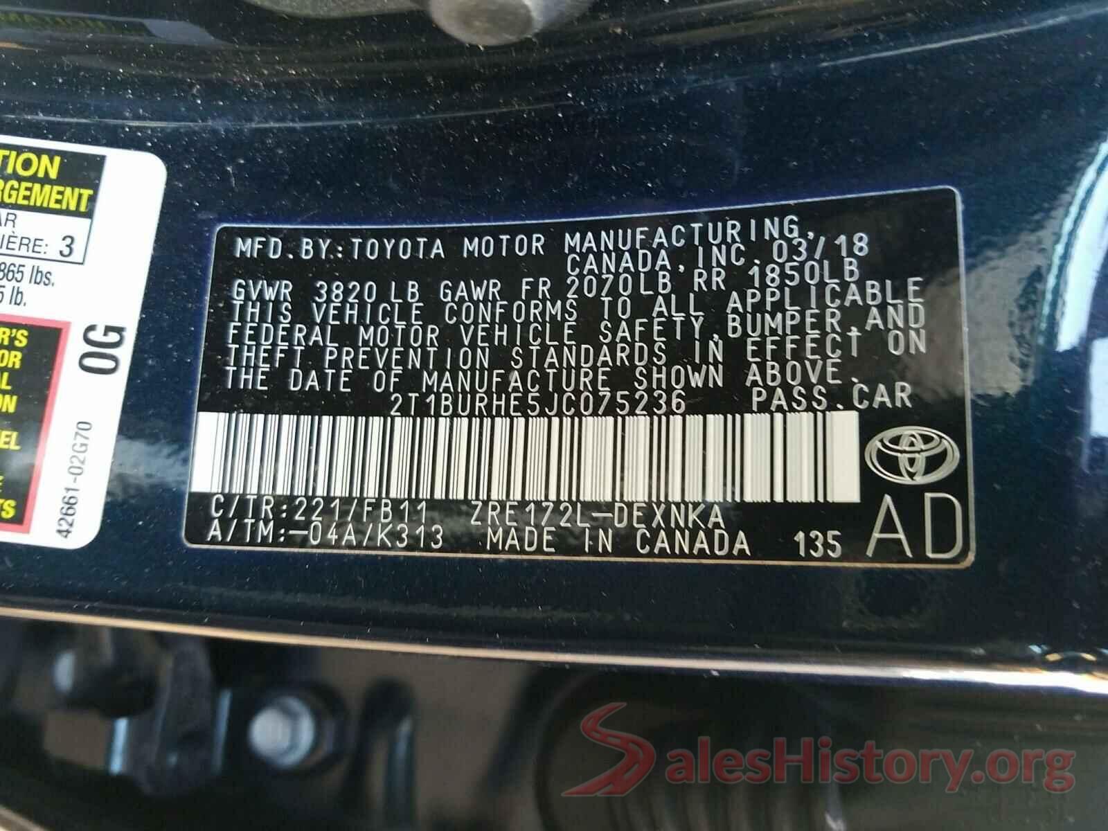 2T1BURHE5JC075236 2018 TOYOTA COROLLA