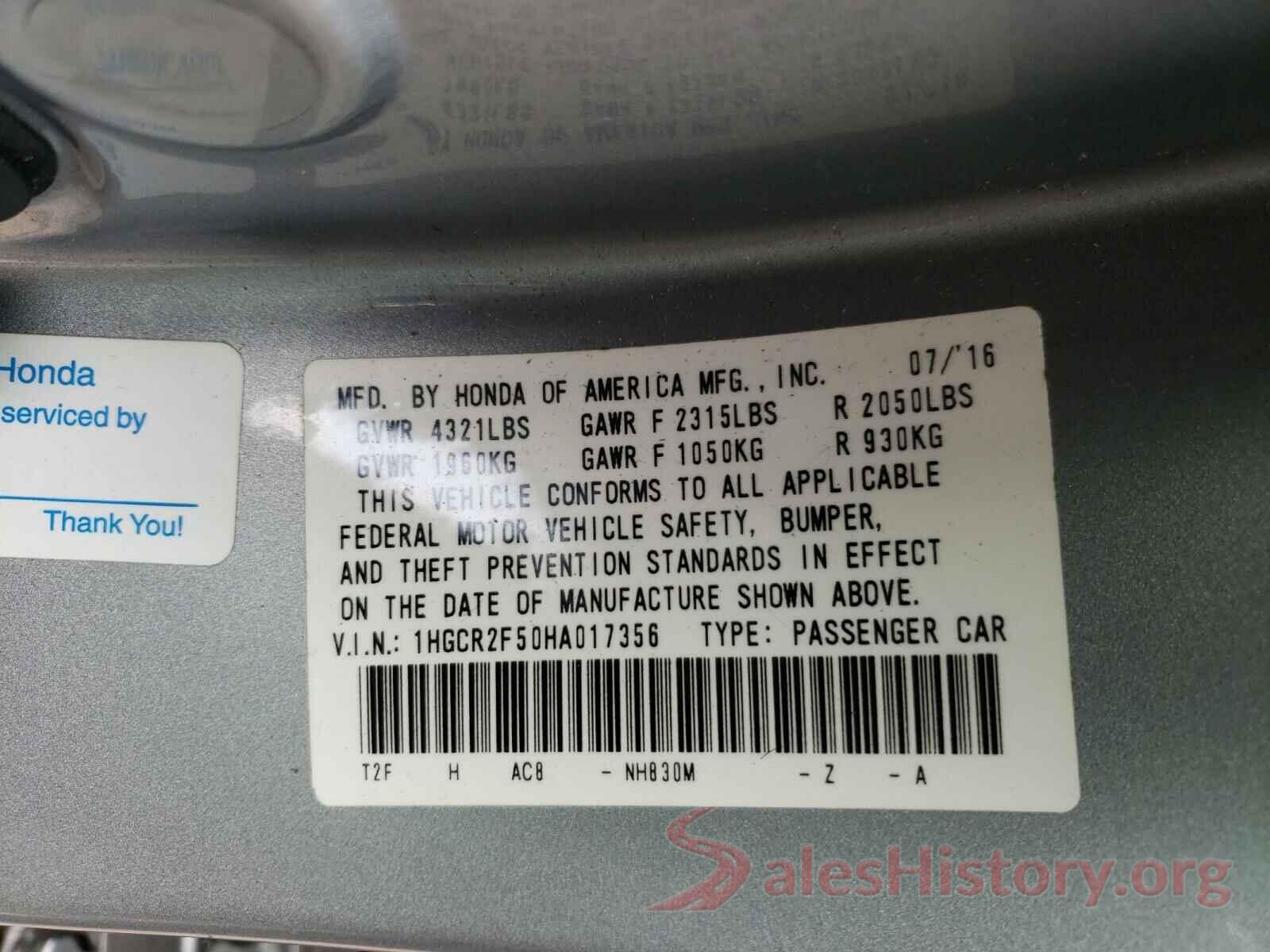 1HGCR2F50HA017356 2017 HONDA ACCORD