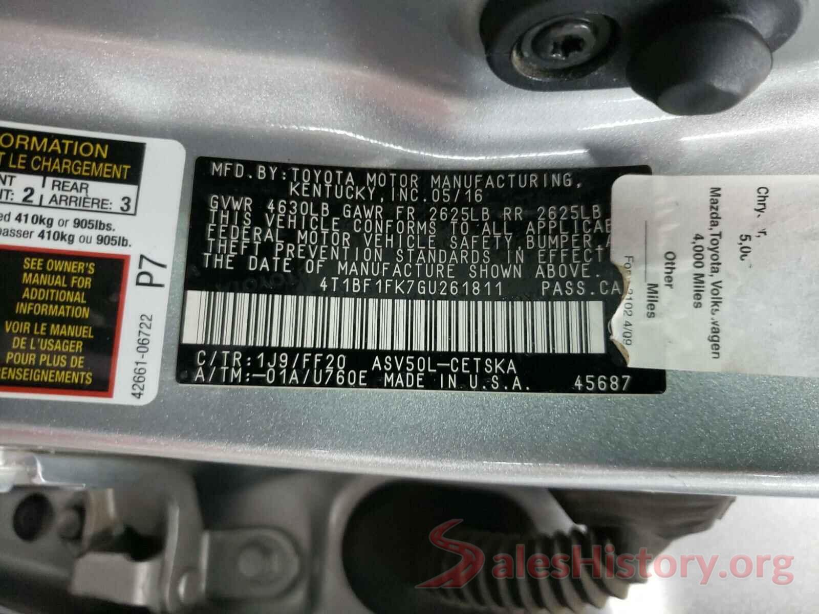 4T1BF1FK7GU261811 2016 TOYOTA CAMRY