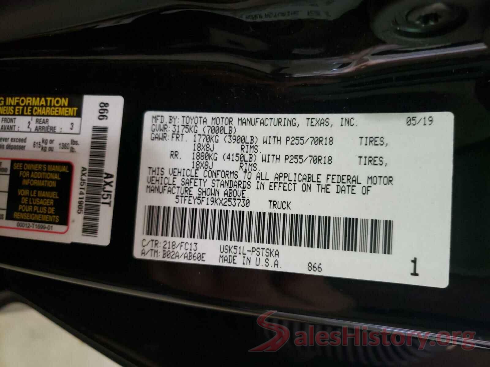 5TFEY5F19KX253730 2019 TOYOTA TUNDRA