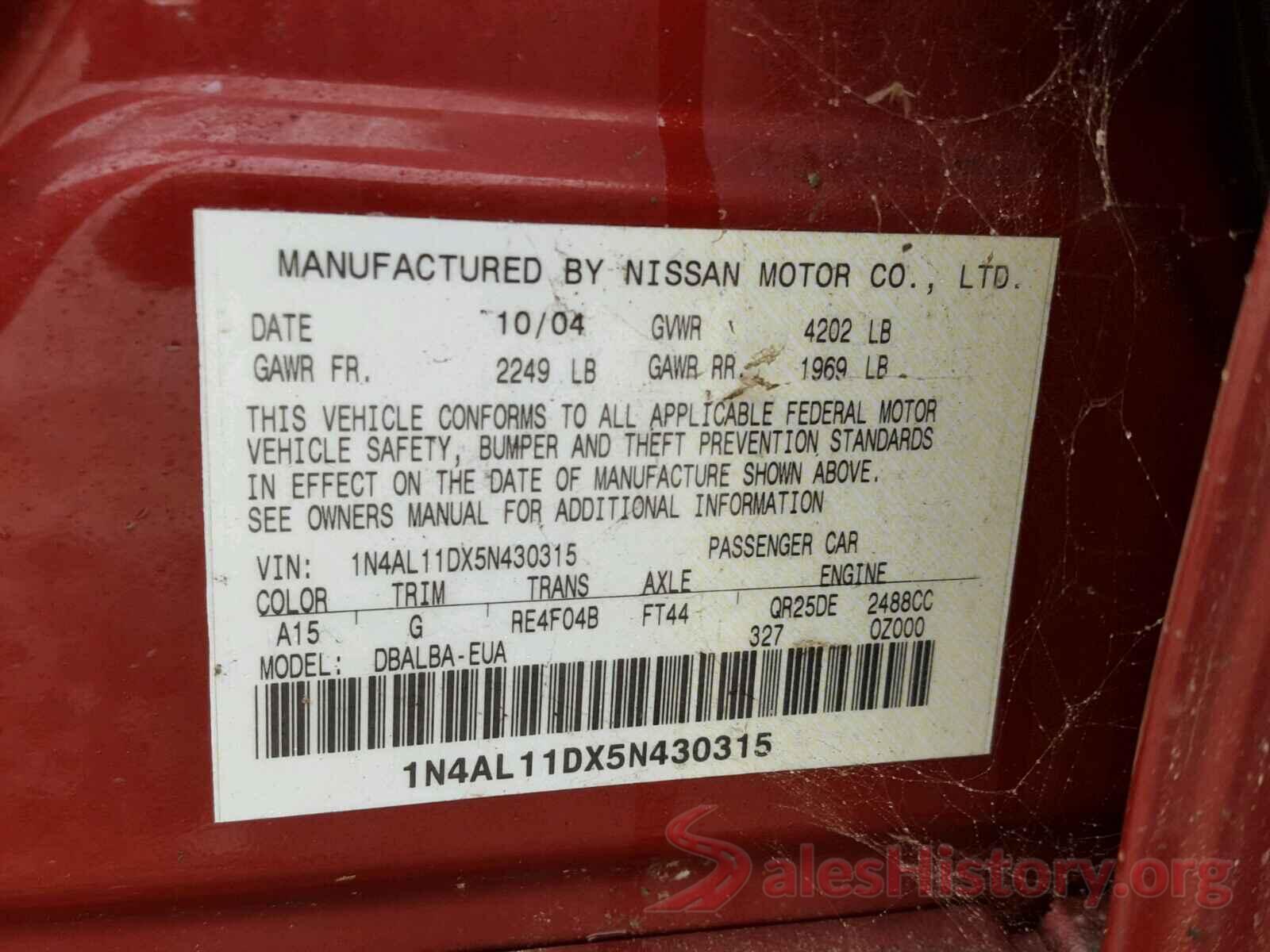 4T1G11AK9LU333971 2005 NISSAN ALTIMA S