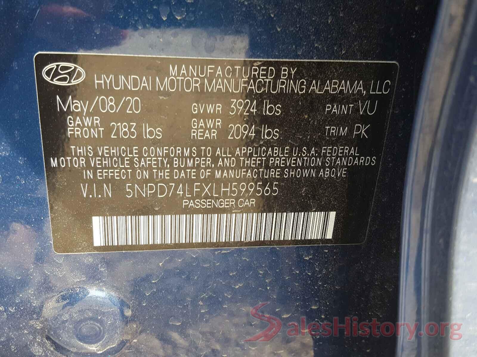 5NPD74LFXLH599565 2020 HYUNDAI ELANTRA