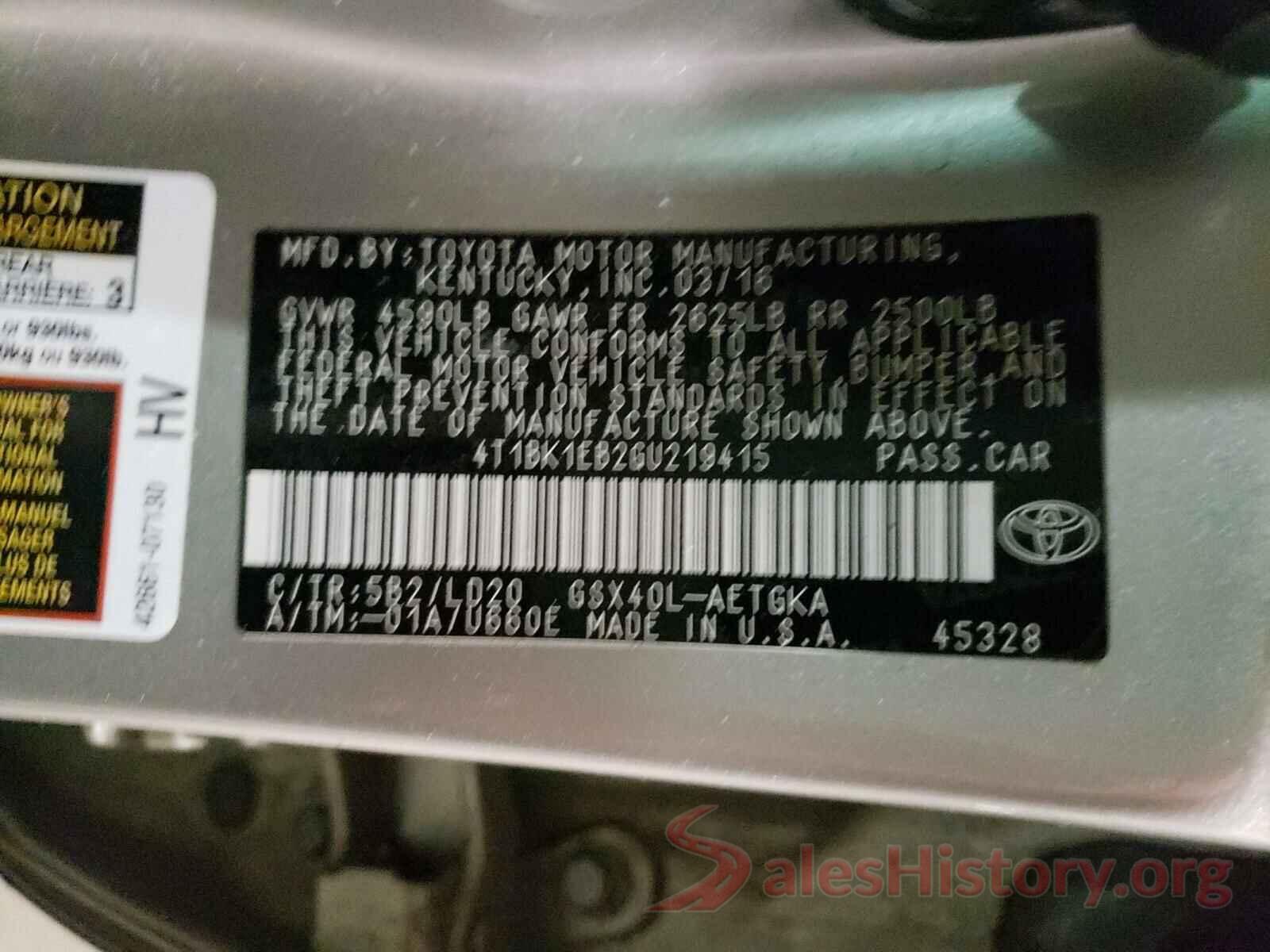 4T1BK1EB2GU219415 2016 TOYOTA AVALON