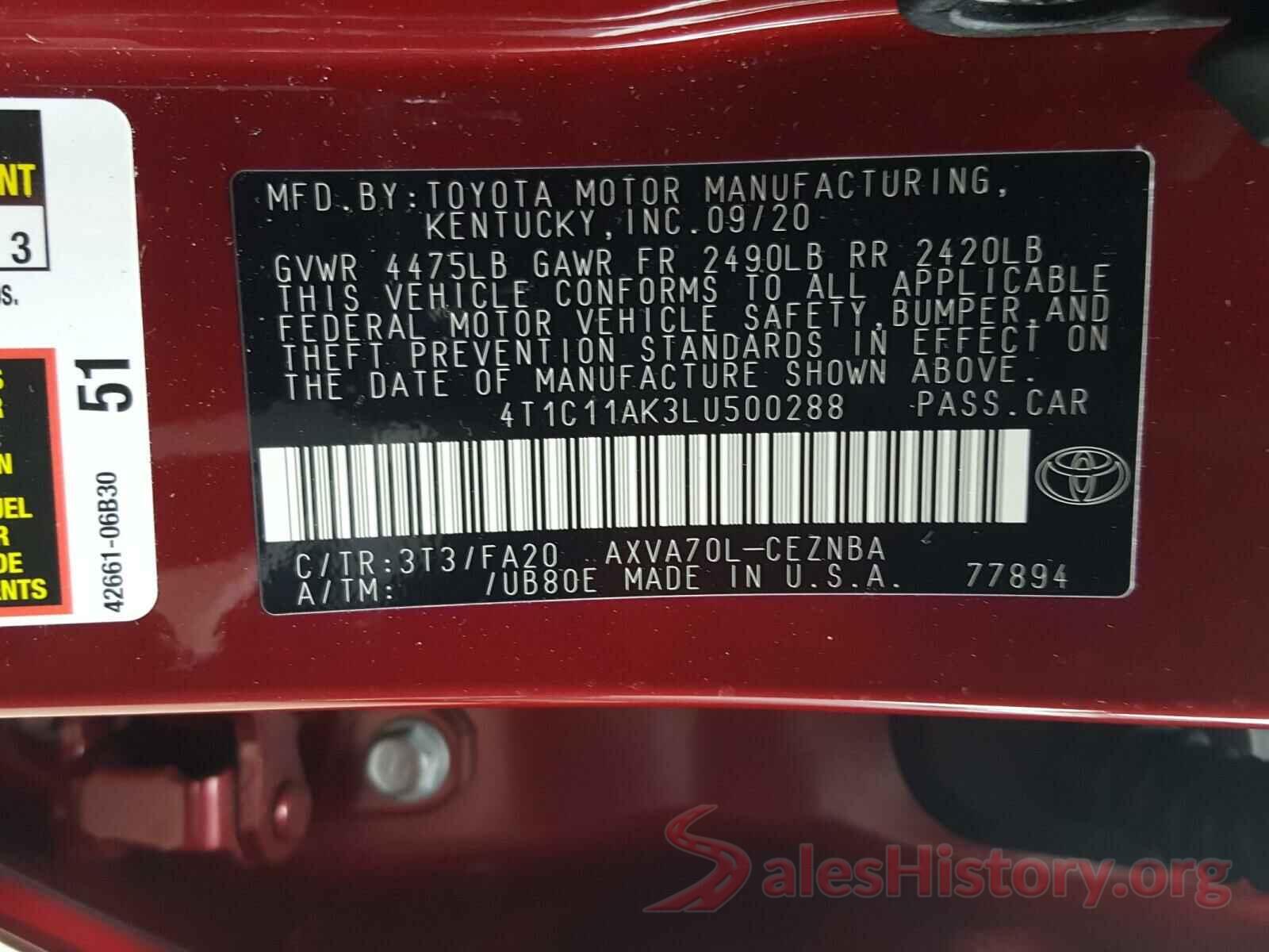 4T1C11AK3LU500288 2020 TOYOTA CAMRY