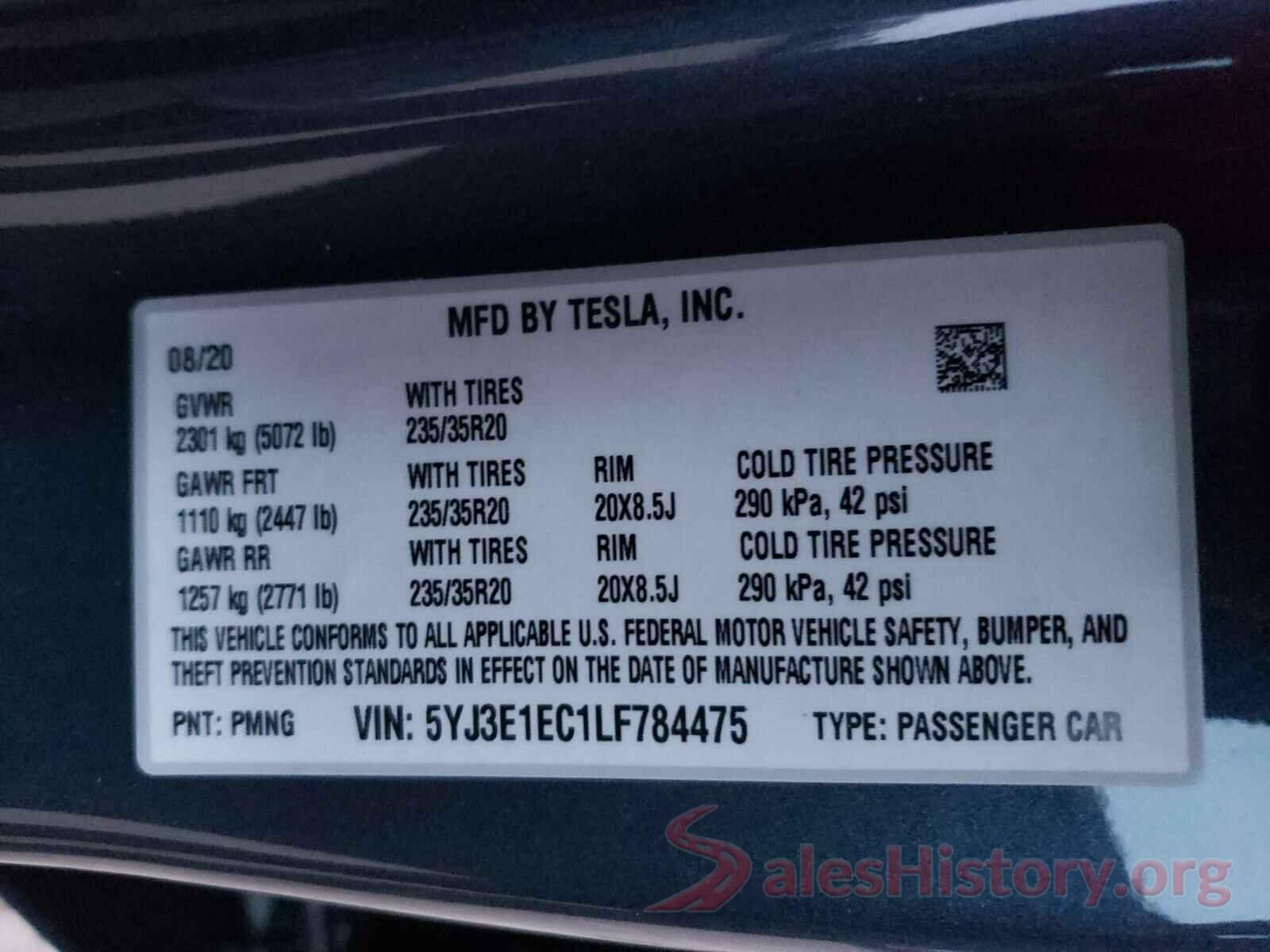 5YJ3E1EC1LF784475 2020 TESLA MODEL 3