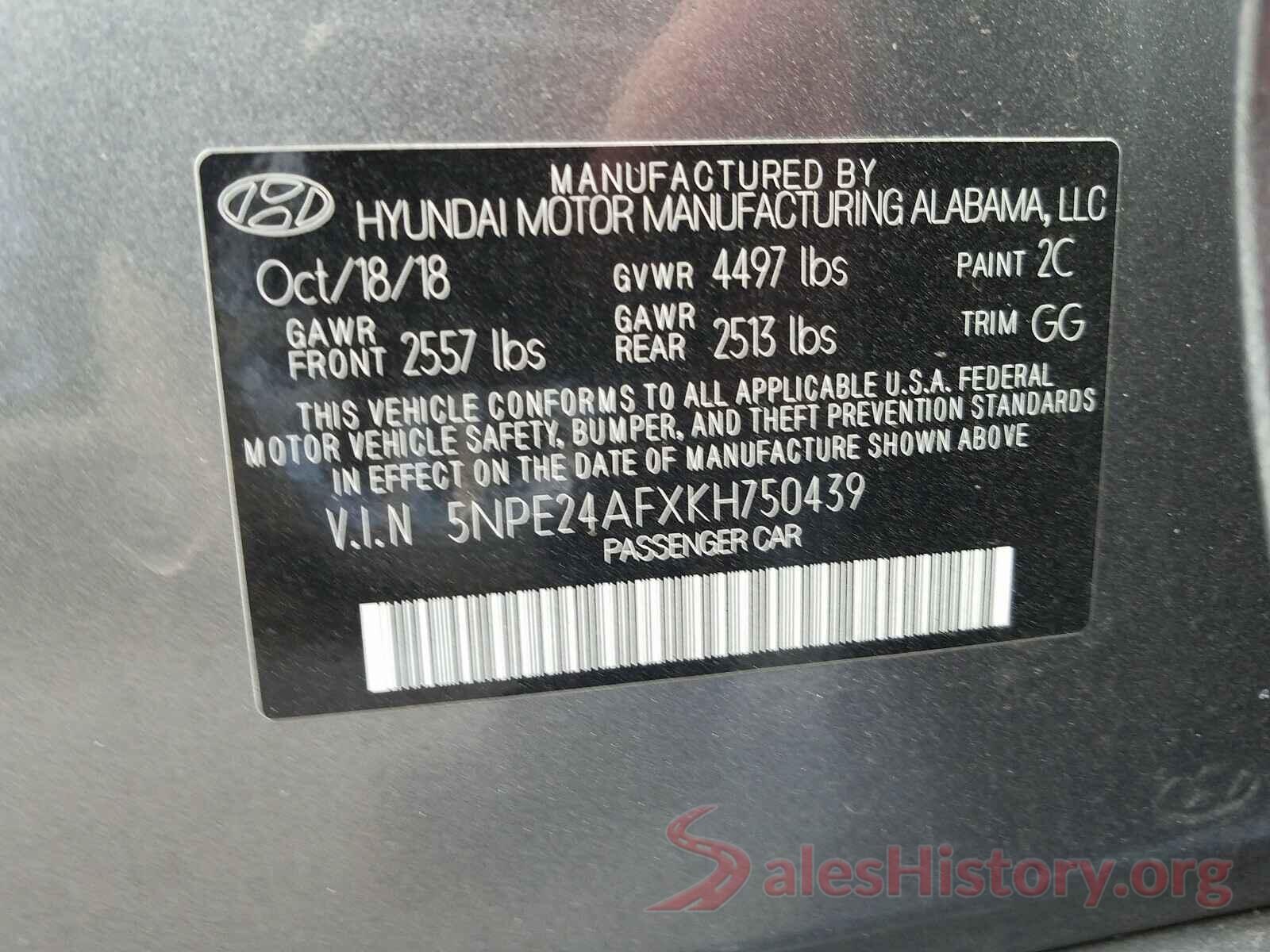 5NPE24AFXKH750439 2019 HYUNDAI SONATA