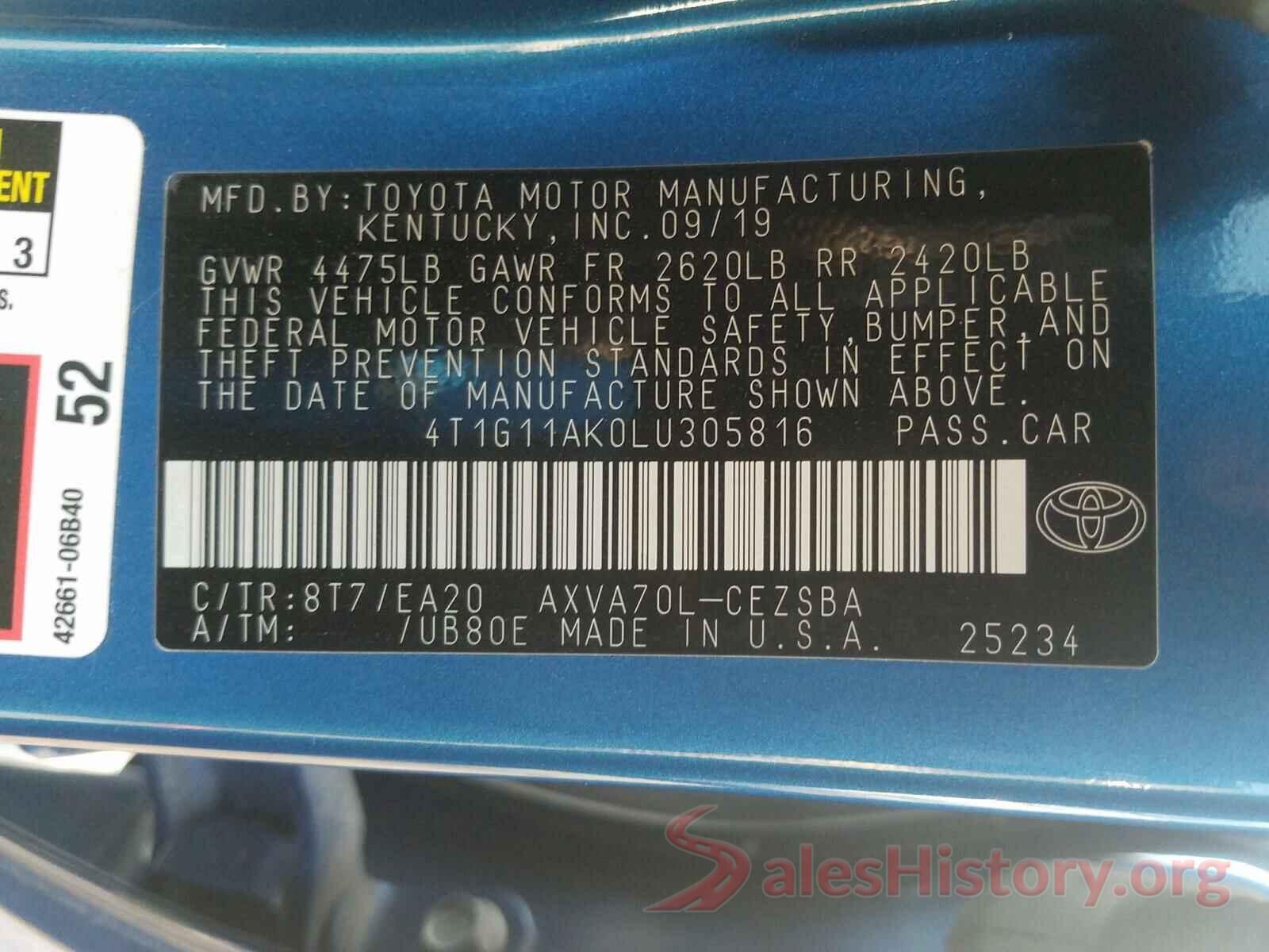 4T1G11AK0LU305816 2020 TOYOTA CAMRY