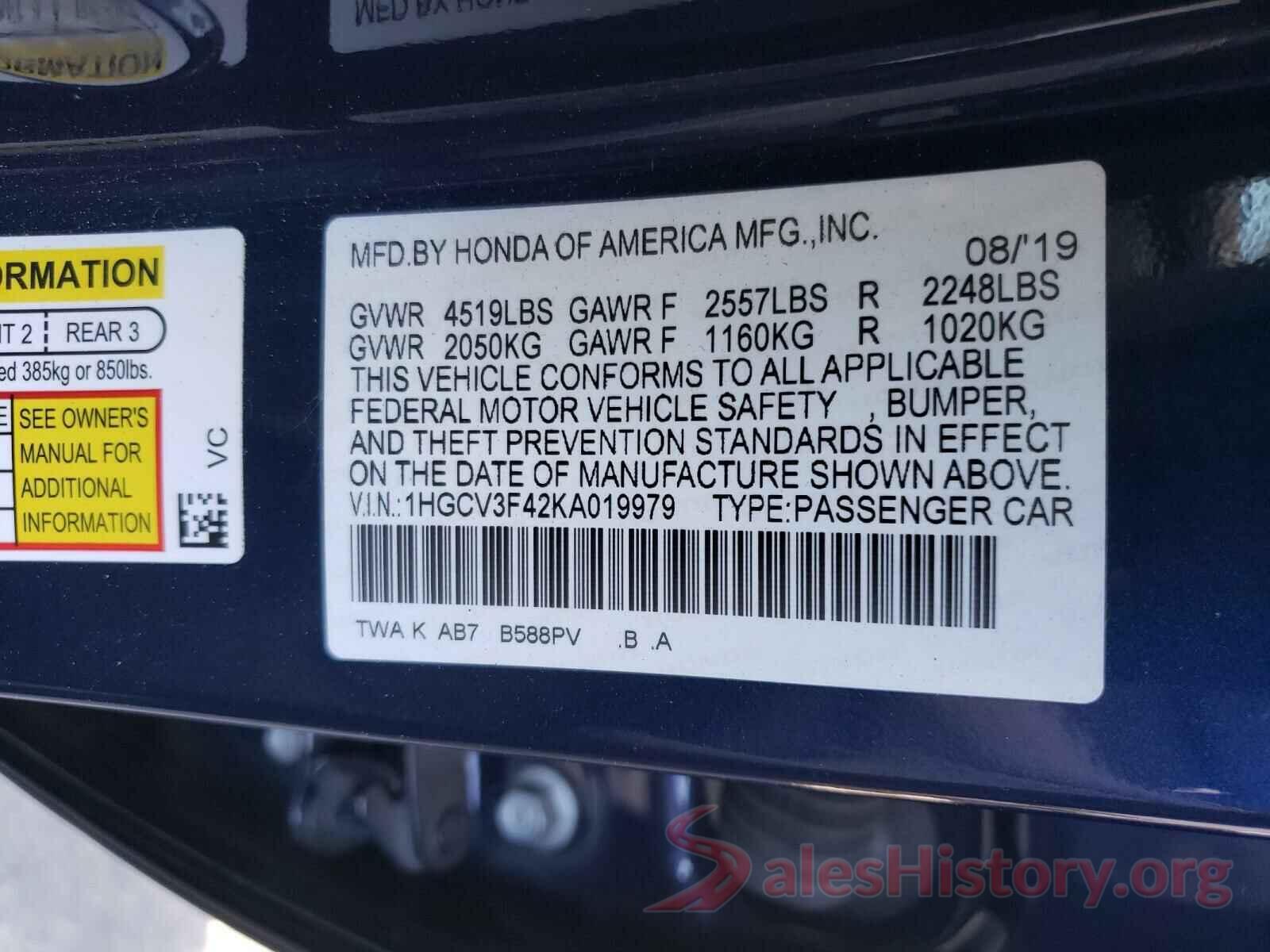 5XXGT4L33JG243529 2019 HONDA ACCORD