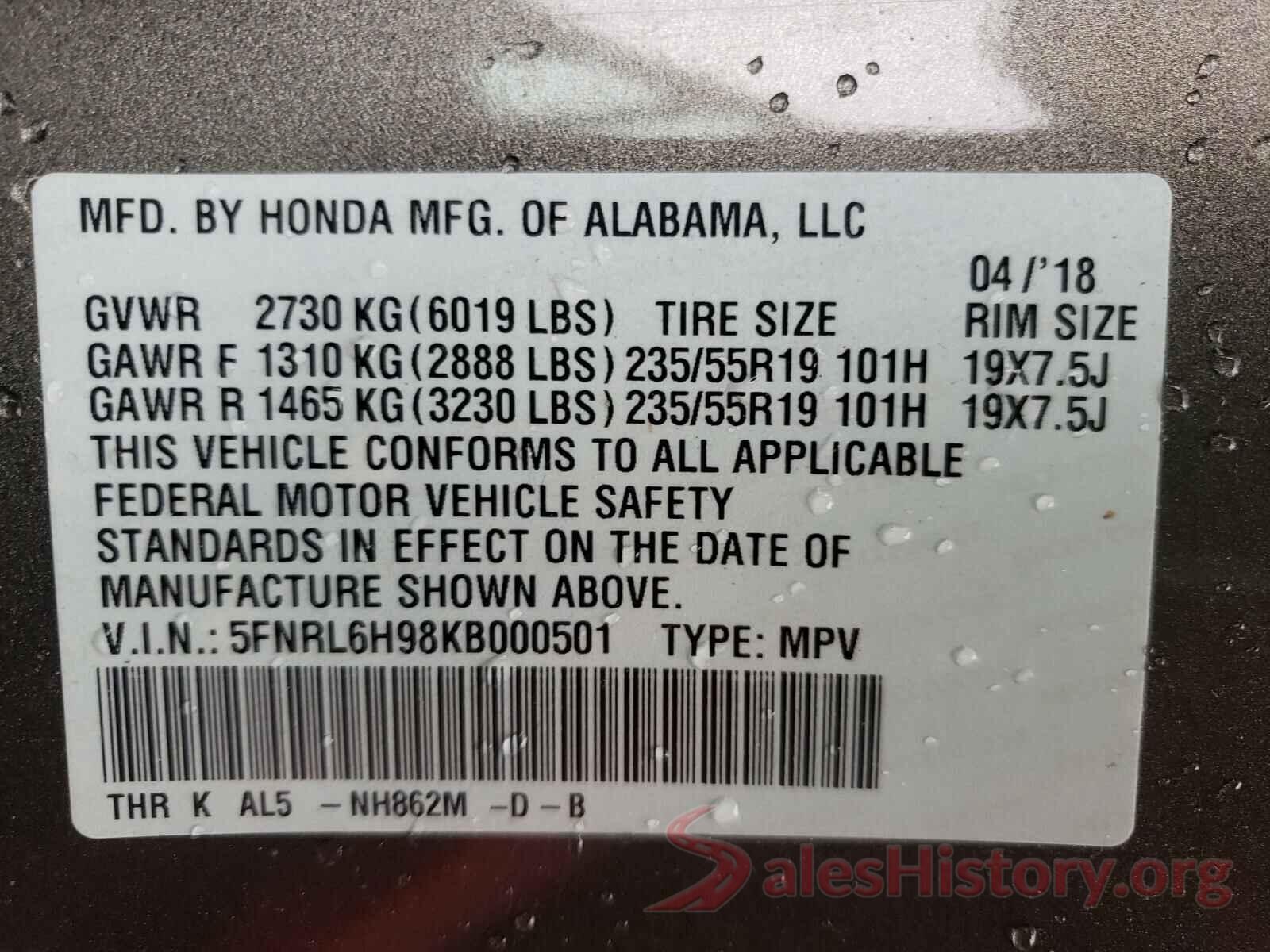 5FNRL6H98KB000501 2019 HONDA ODYSSEY