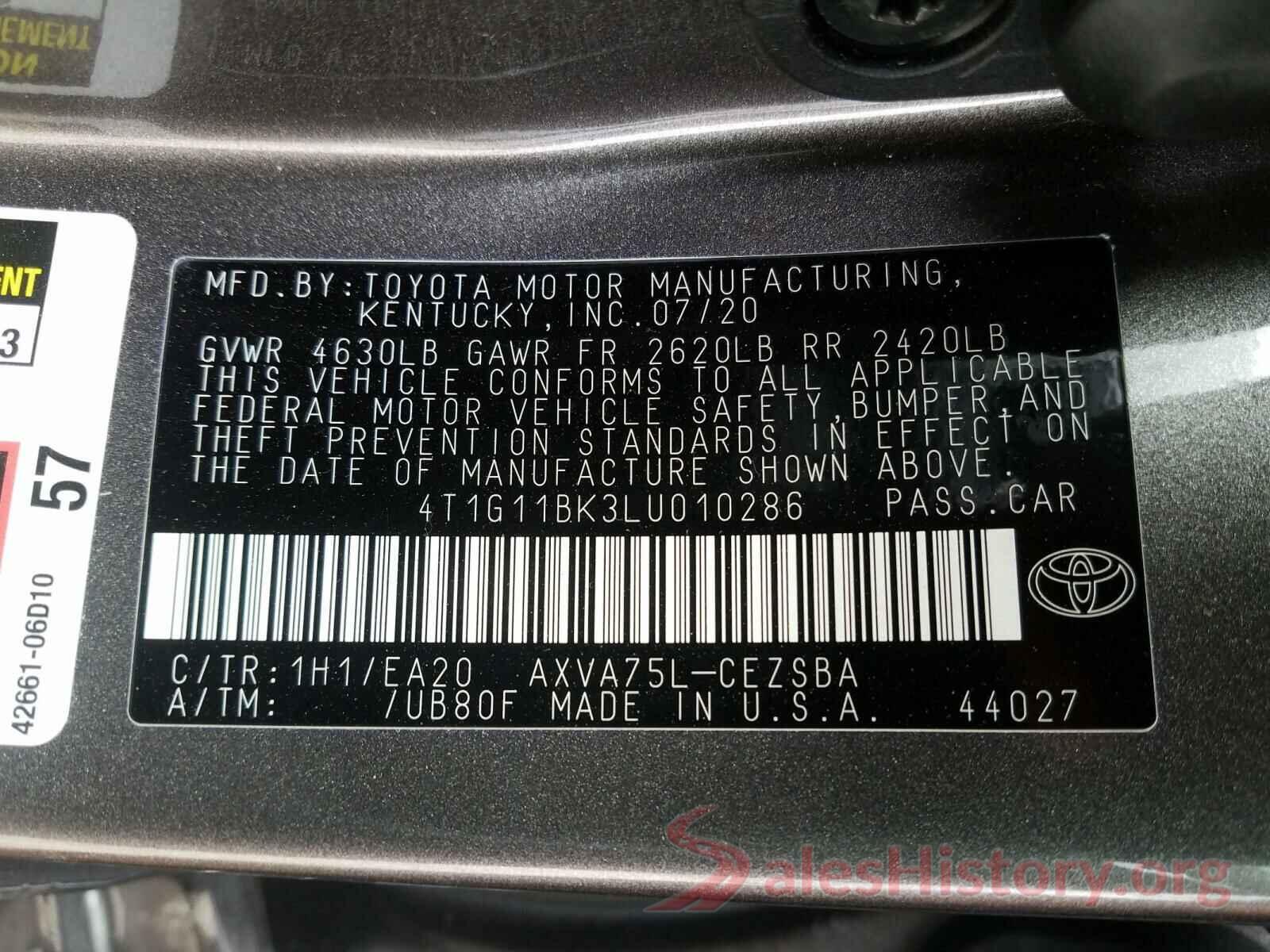 4T1G11BK3LU010286 2020 TOYOTA CAMRY