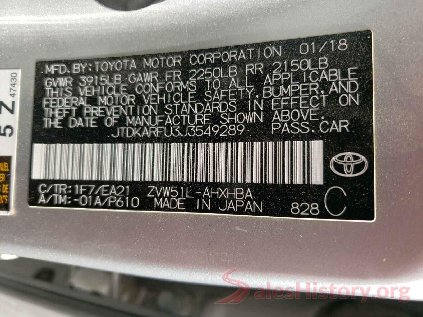 JTDKARFU3J3549289 2018 TOYOTA PRIUS