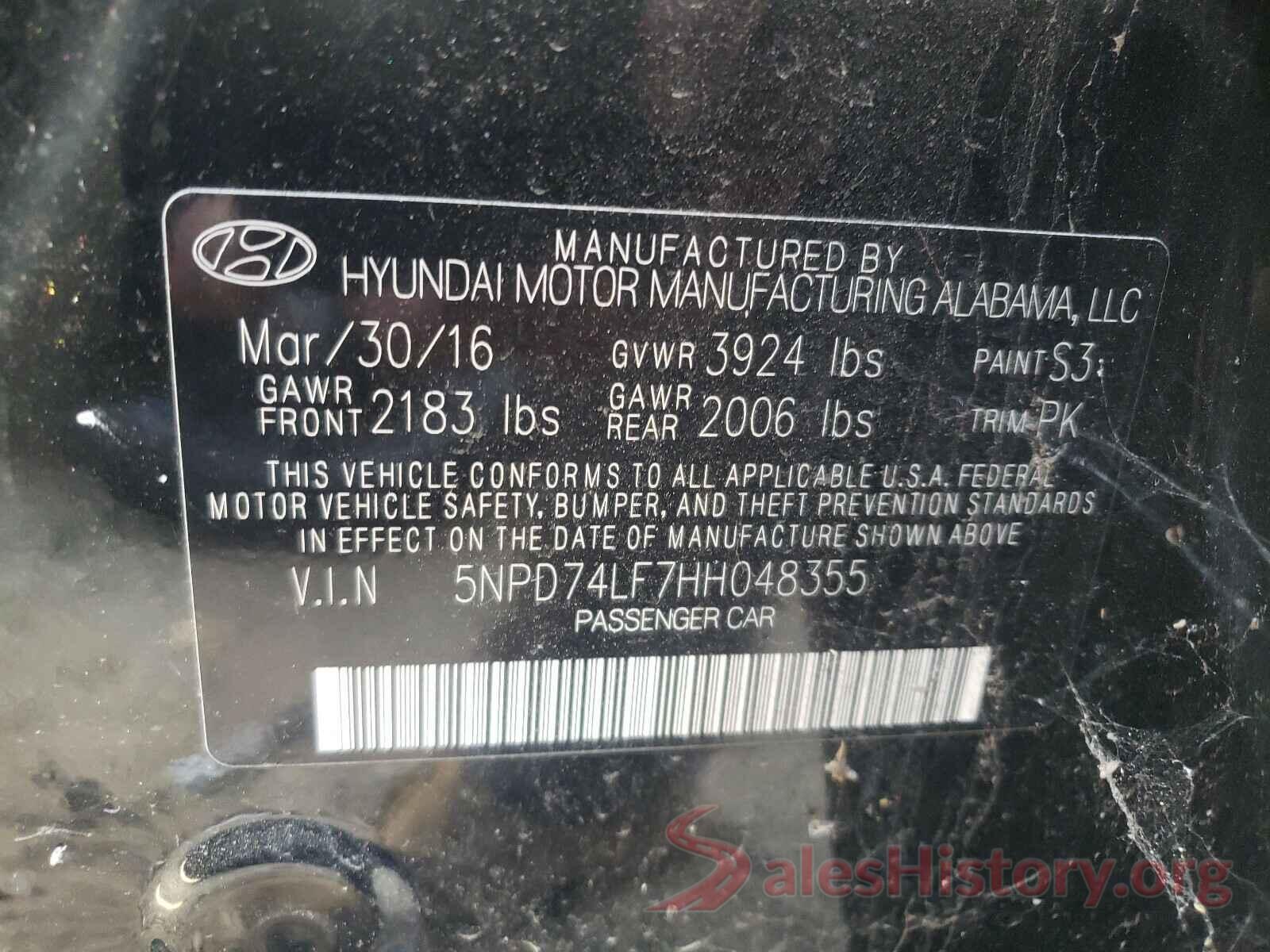 5NPD74LF7HH048355 2017 HYUNDAI ELANTRA