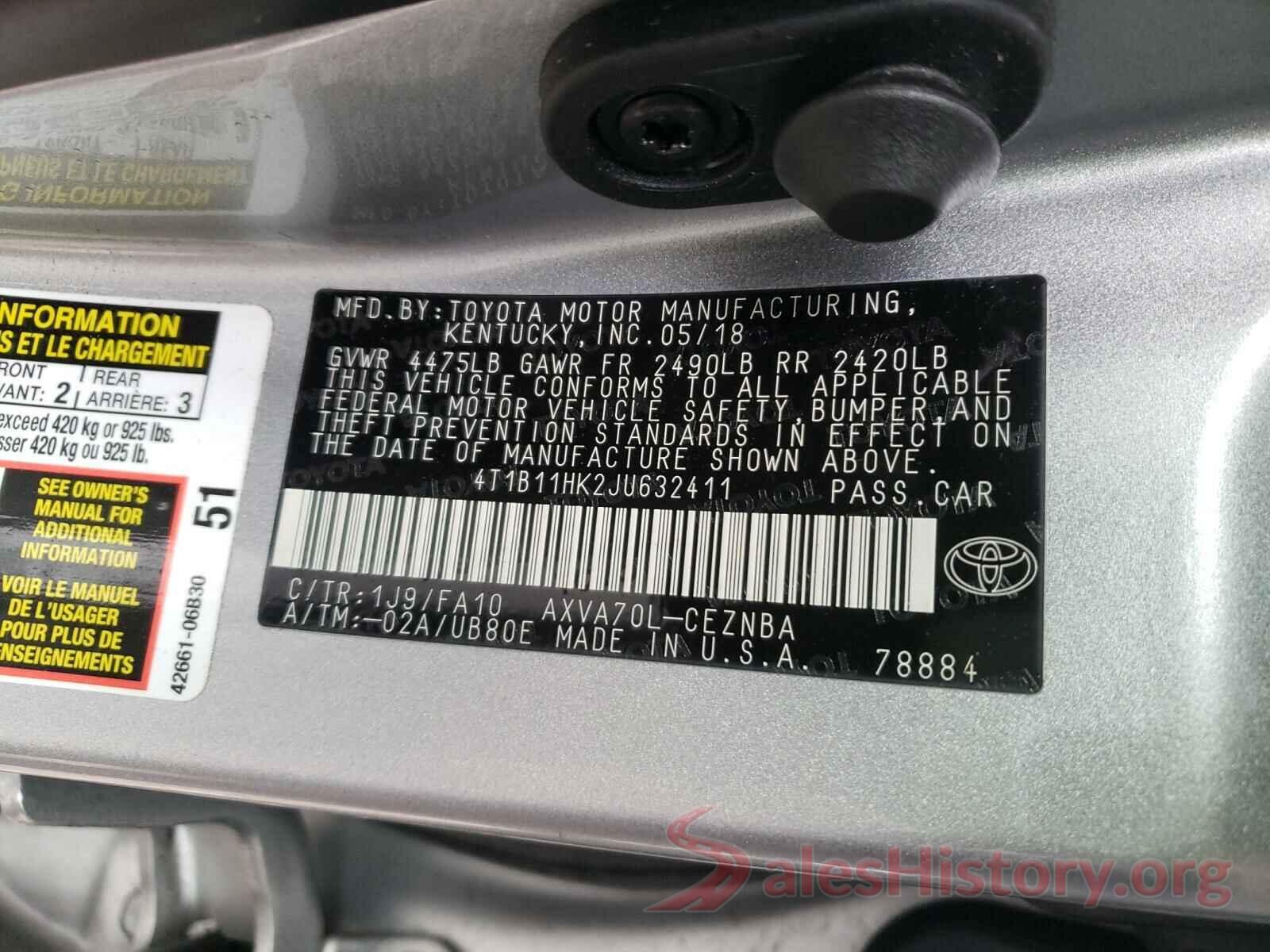 4T1B11HK2JU632411 2018 TOYOTA CAMRY