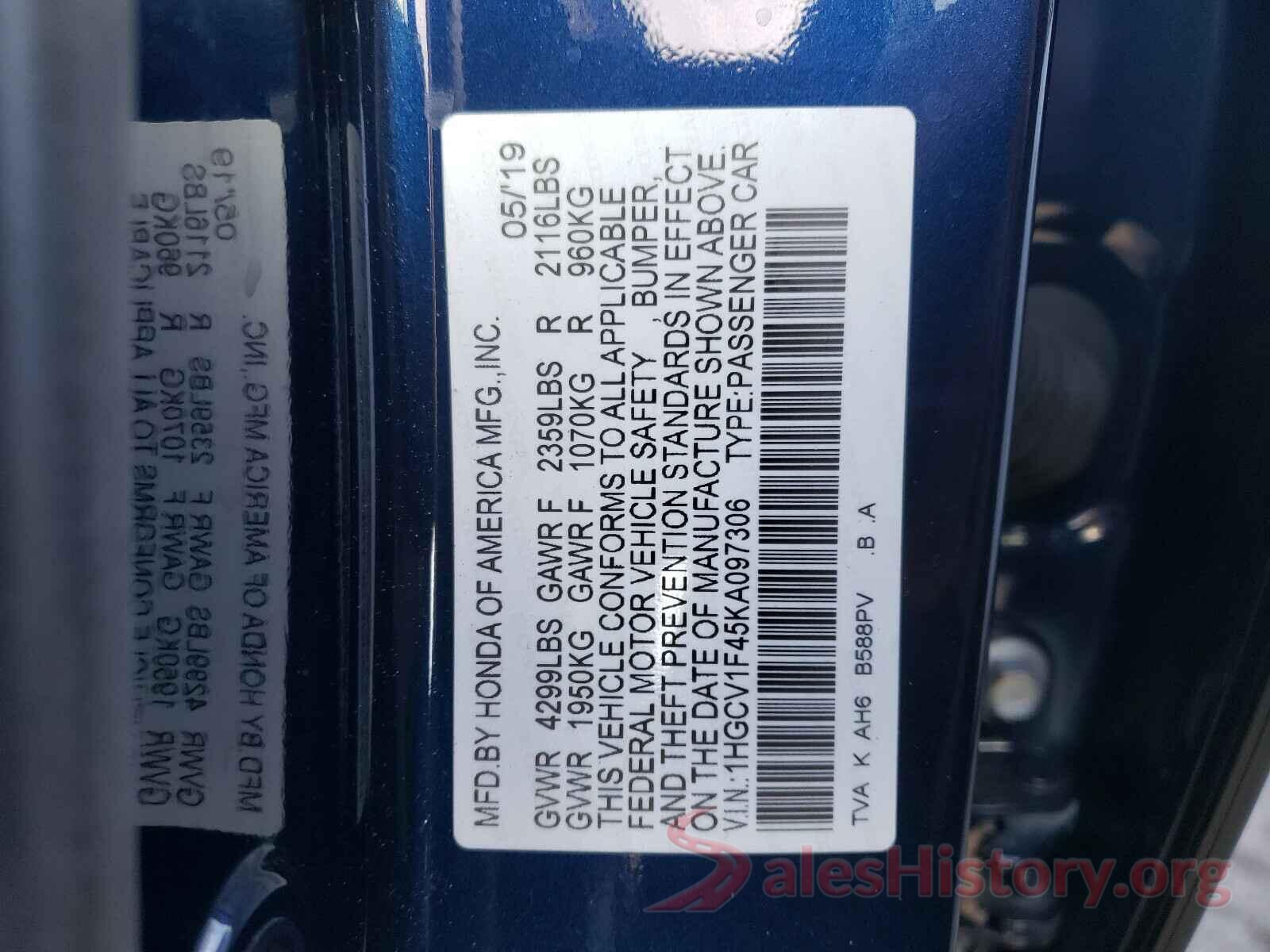 1HGCV1F45KA097306 2019 HONDA ACCORD