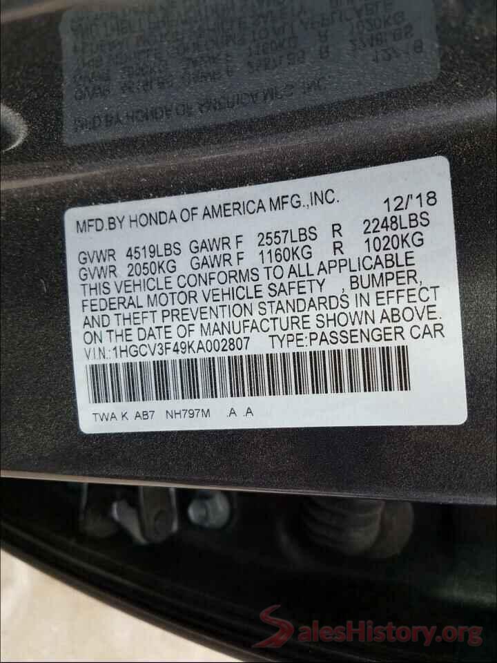 1HGCV3F49KA002807 2019 HONDA ACCORD