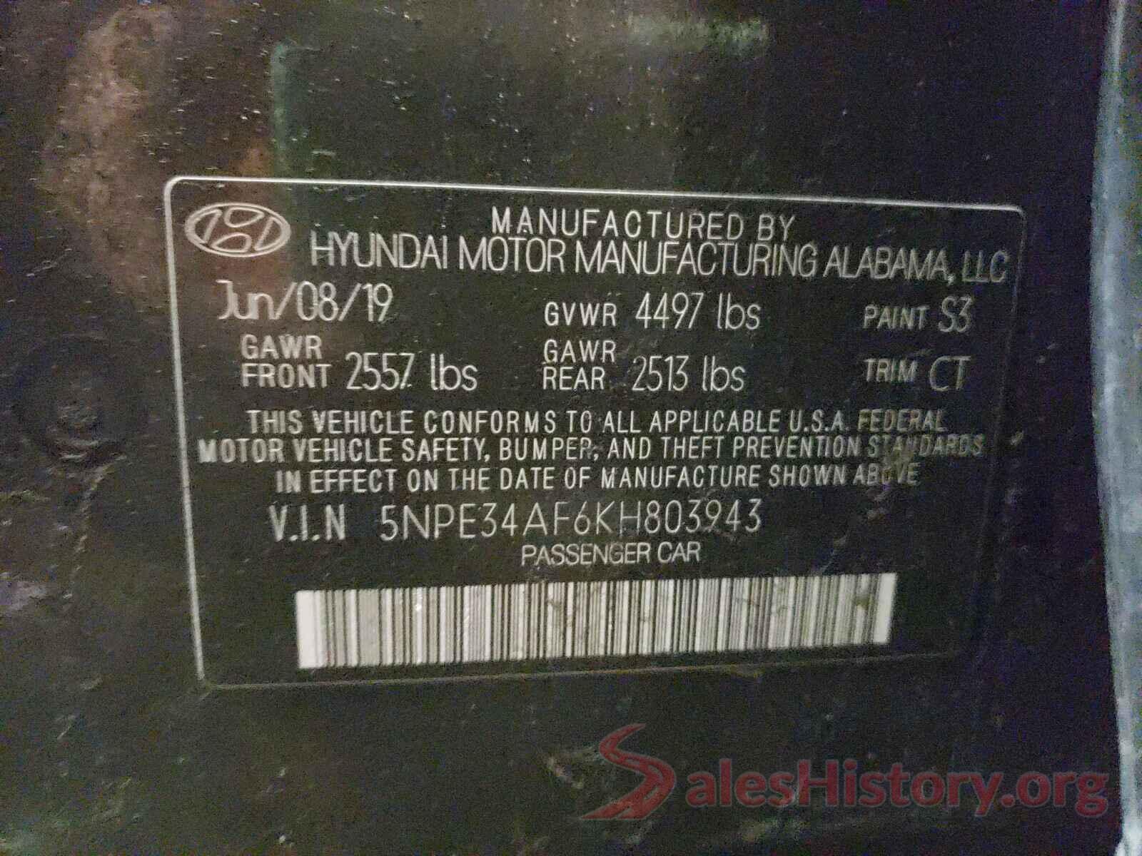 5NPE34AF6KH803943 2019 HYUNDAI SONATA