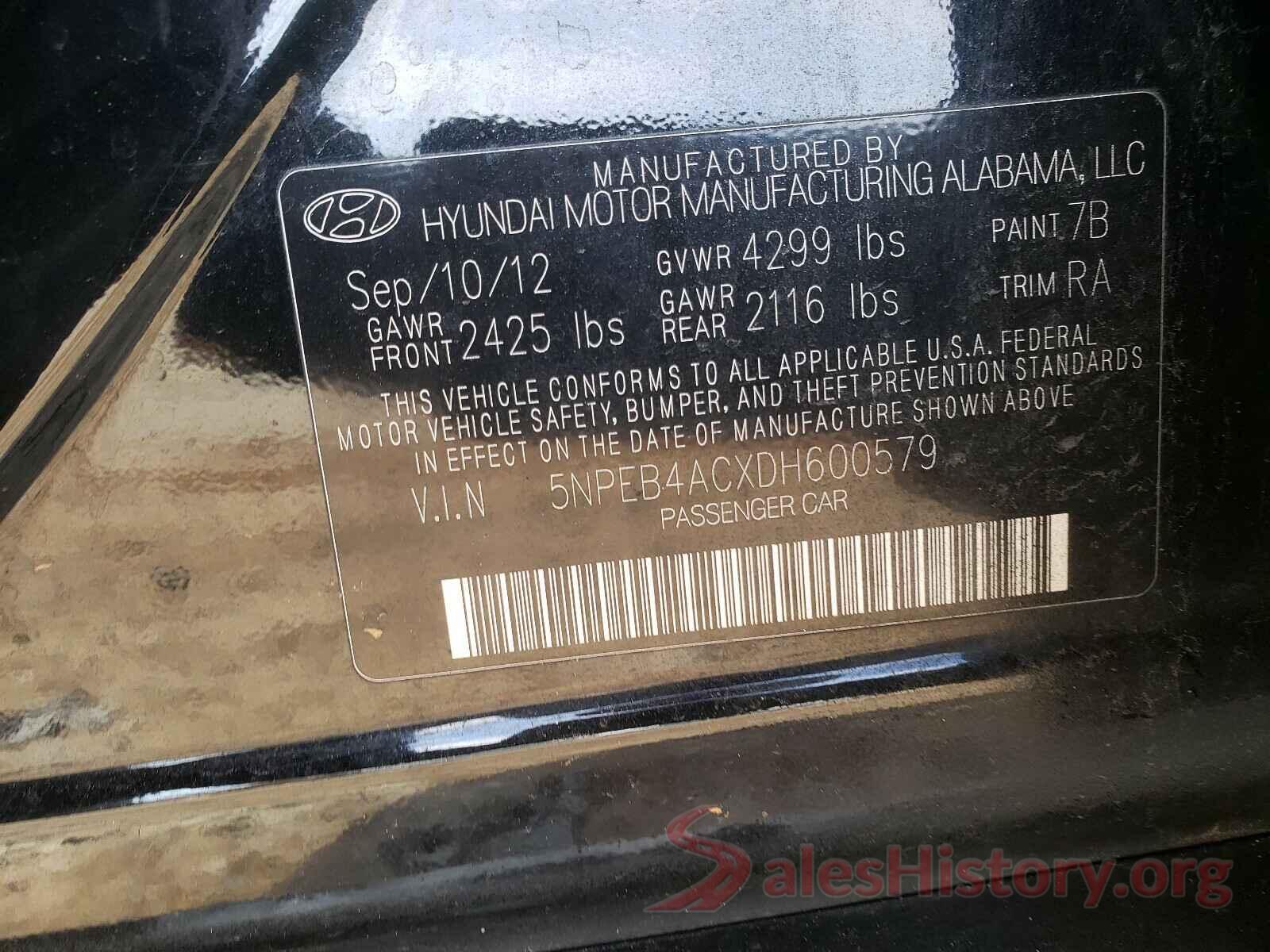 2T3H1RFV5KW038829 2013 HYUNDAI SONATA