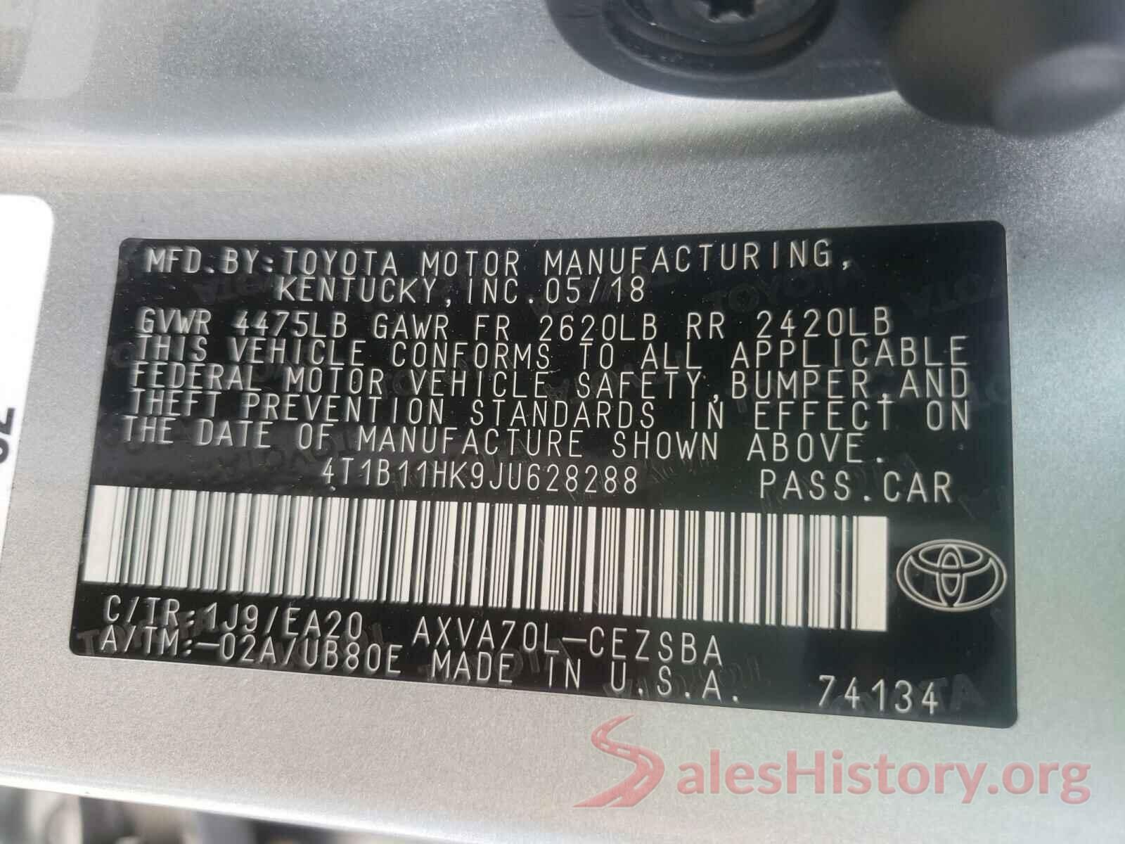 4T1B11HK9JU628288 2018 TOYOTA CAMRY