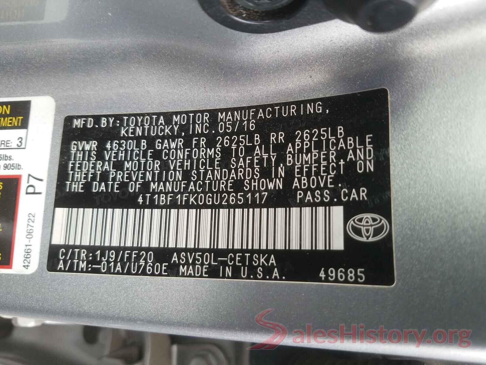 4T1BF1FK0GU265117 2016 TOYOTA CAMRY