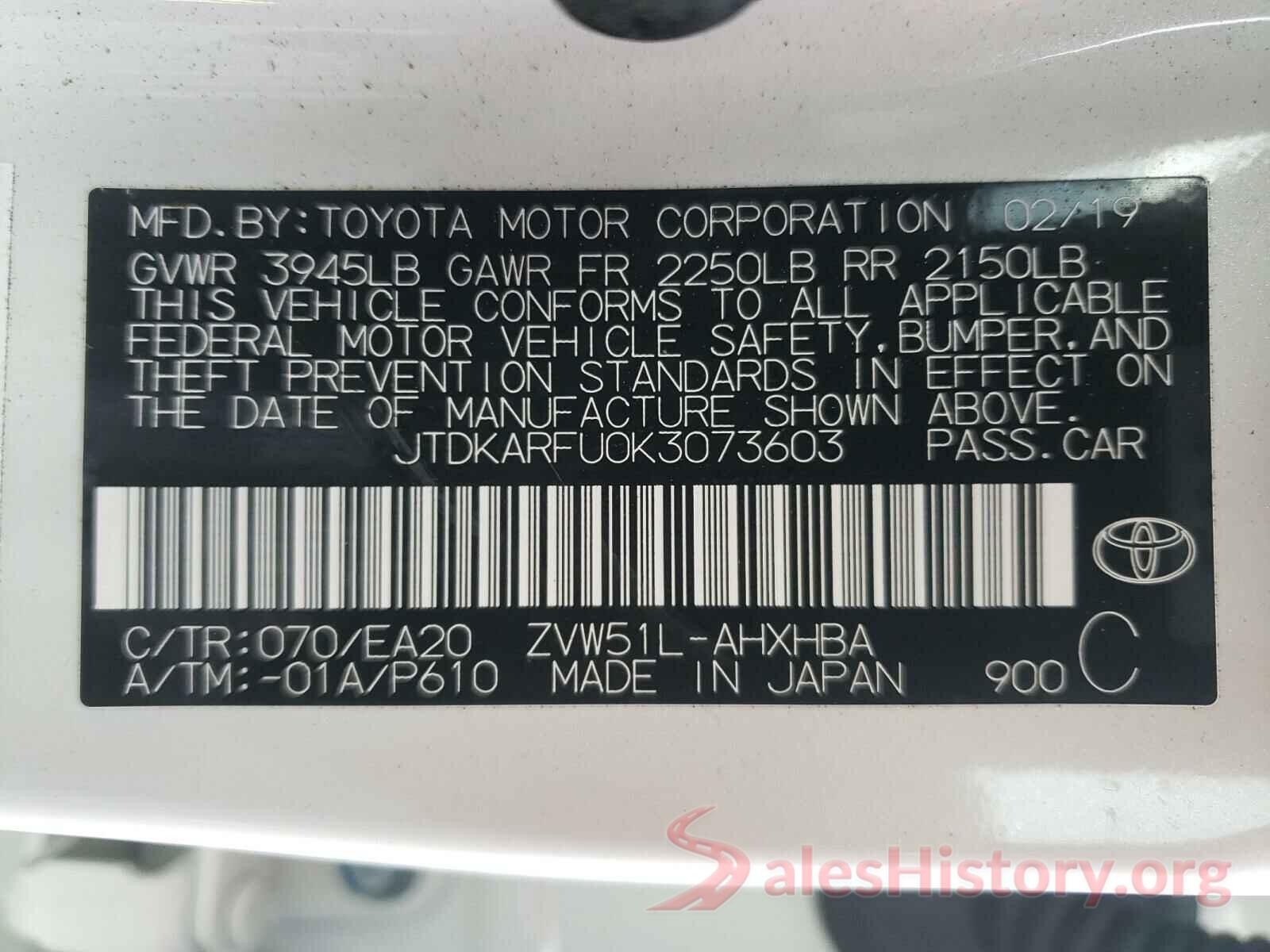 JTDKARFU0K3073603 2019 TOYOTA PRIUS