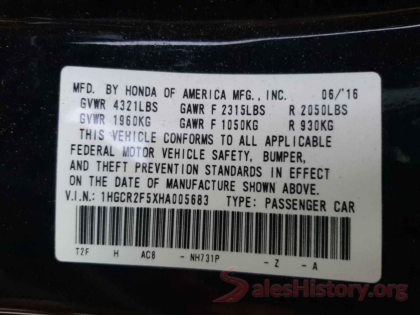 1HGCR2F5XHA005683 2017 HONDA ACCORD