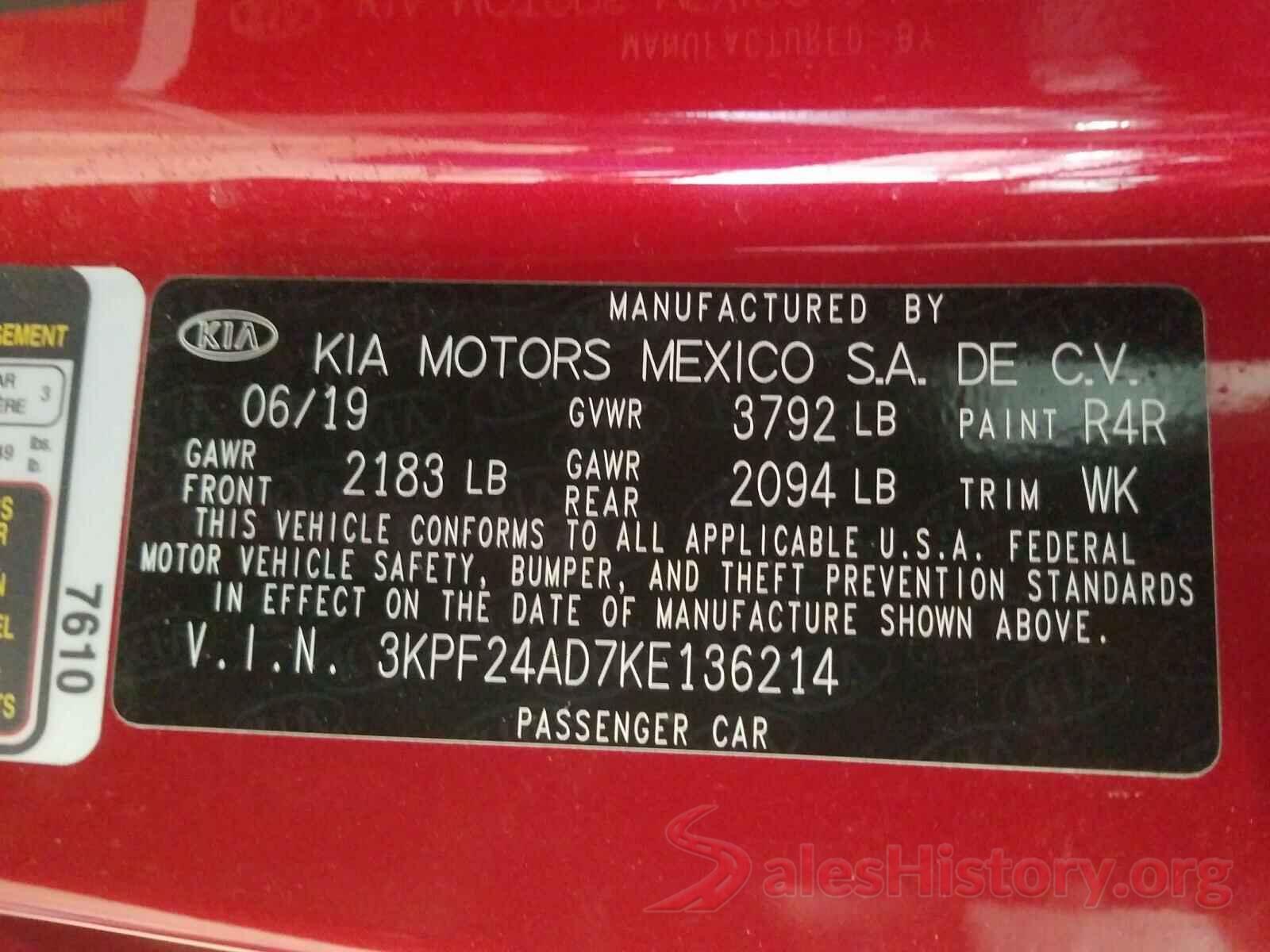 3KPF24AD7KE136214 2019 KIA FORTE