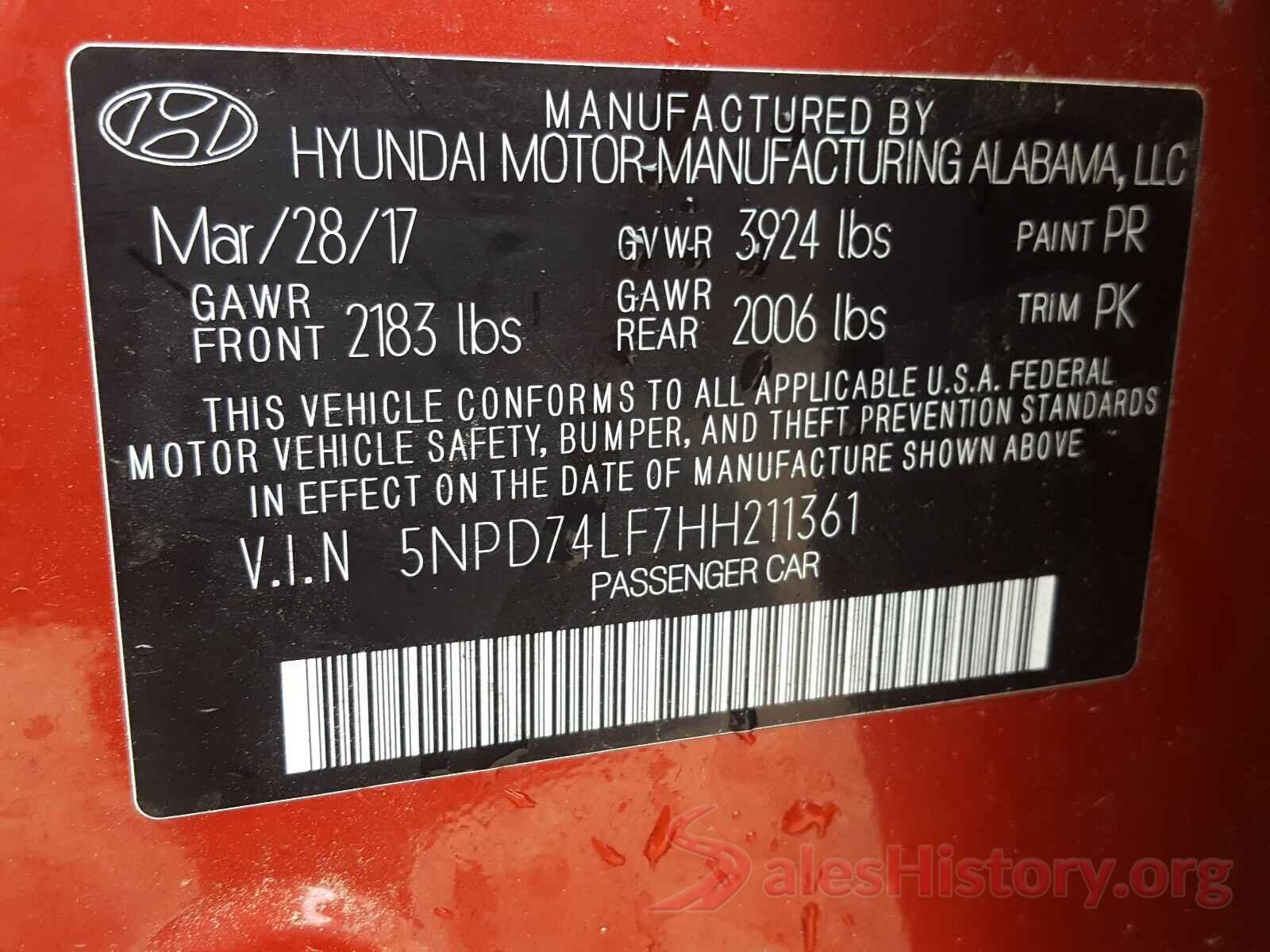 3VWCB7BU5KM159240 2017 HYUNDAI ELANTRA