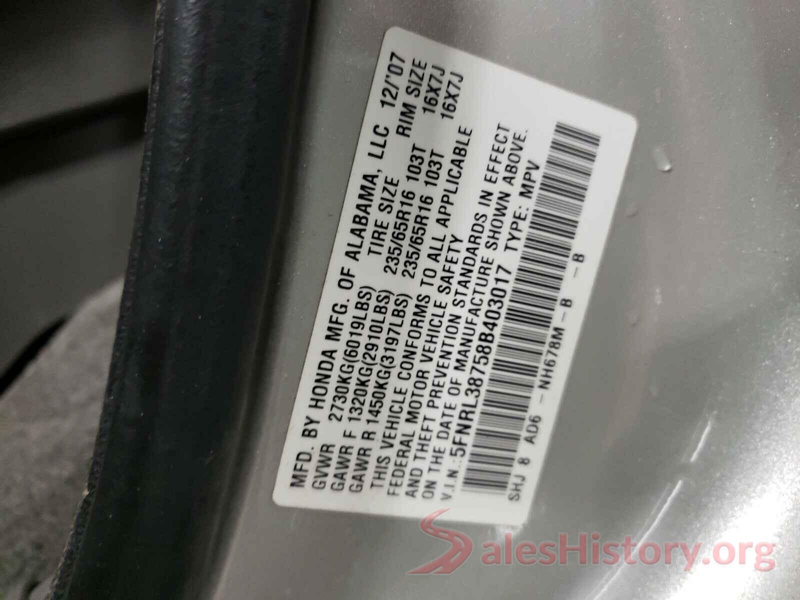 1VWAS7A38GC039750 2008 HONDA ODYSSEY