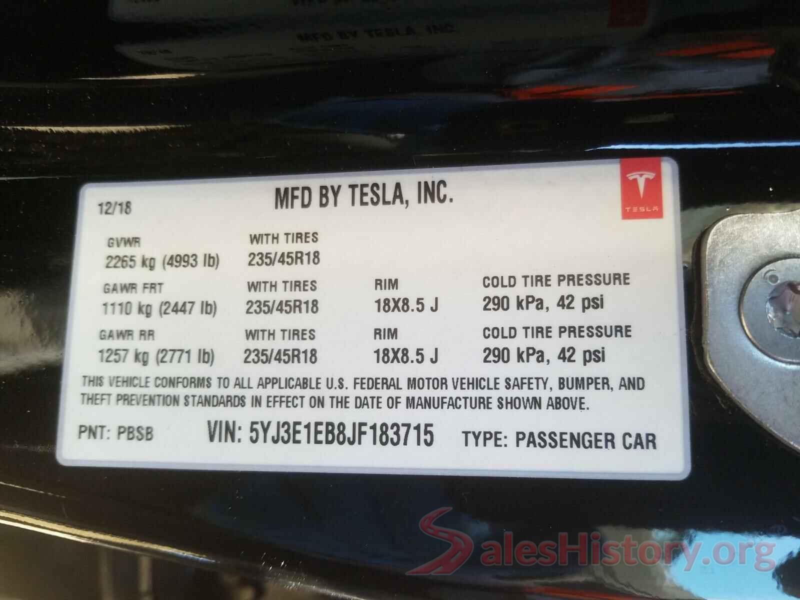 5YJ3E1EB8JF183715 2018 TESLA MODEL 3