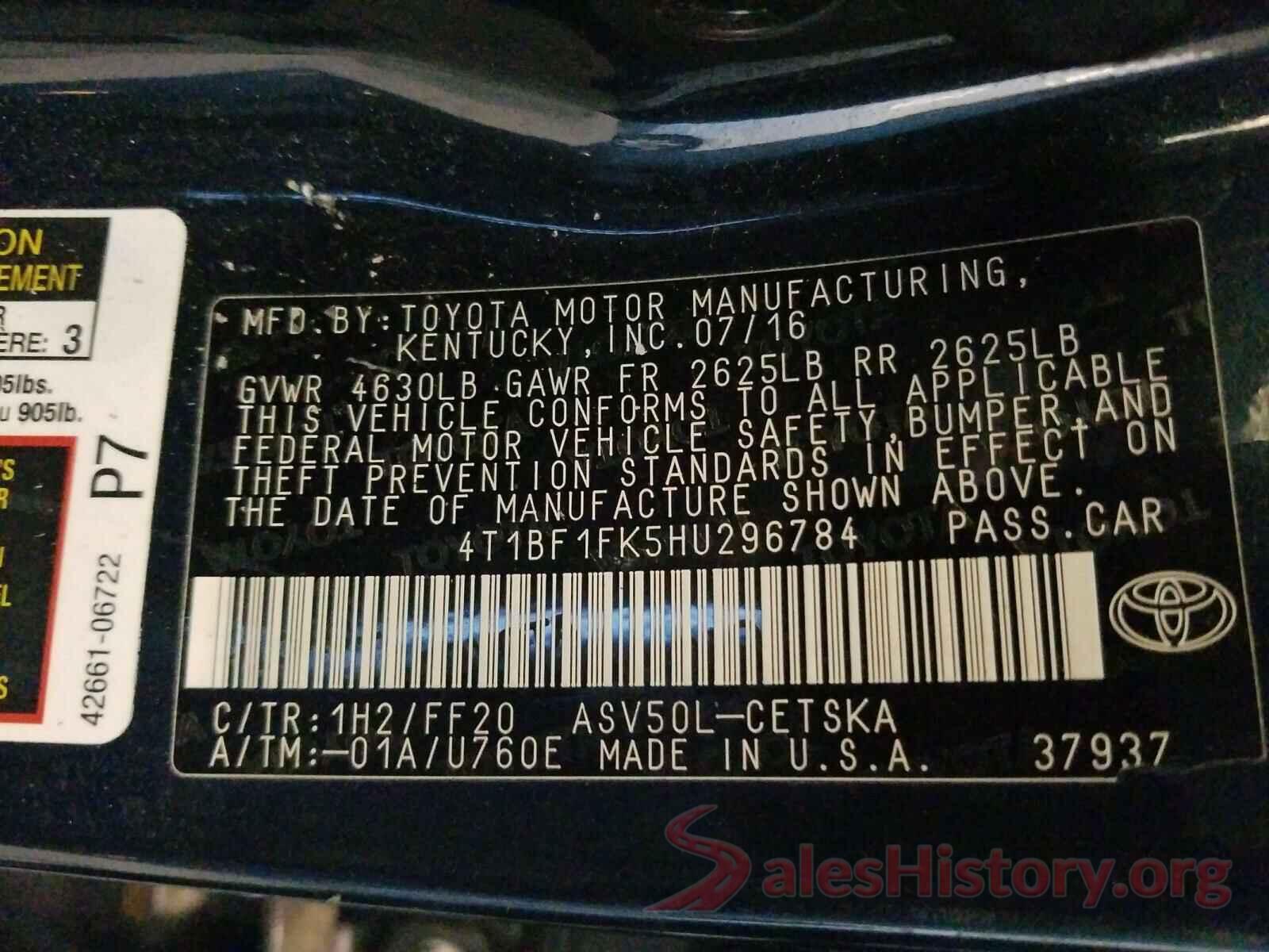 4T1BF1FK5HU296784 2017 TOYOTA CAMRY