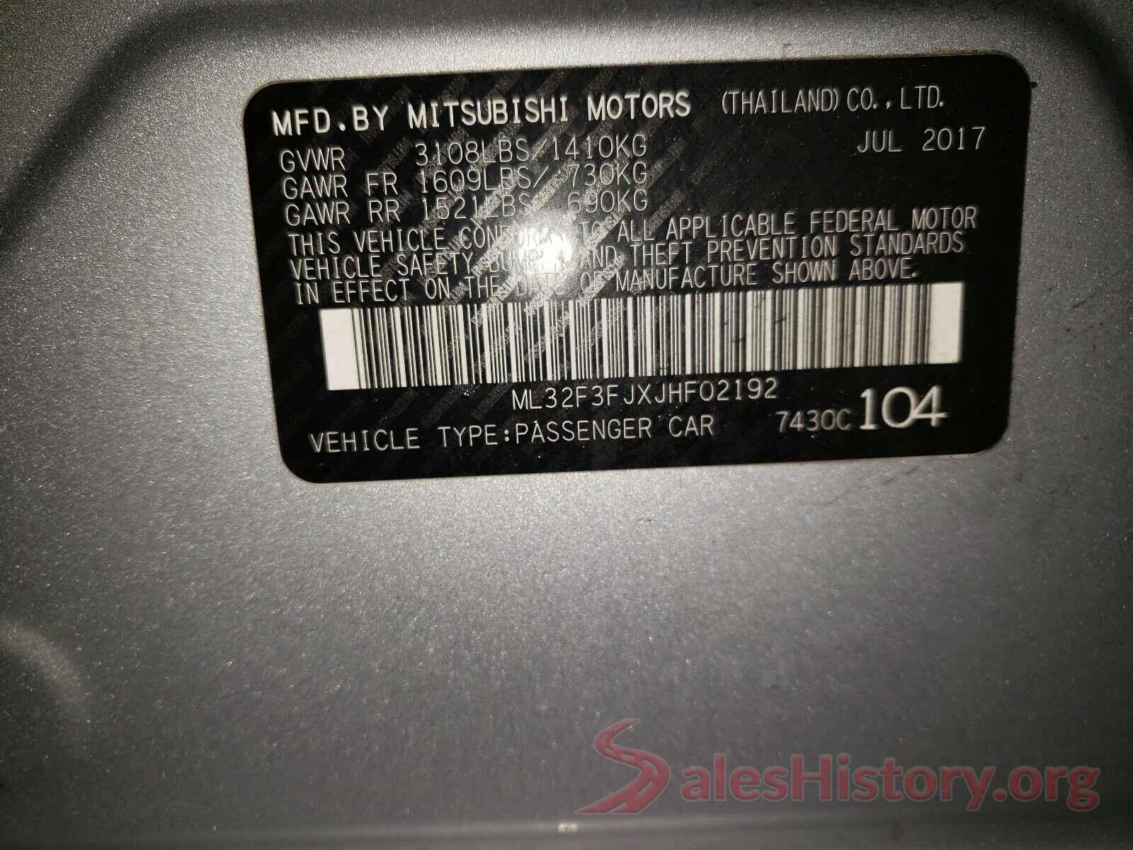 ML32F3FJXJHF02192 2018 MITSUBISHI MIRAGE