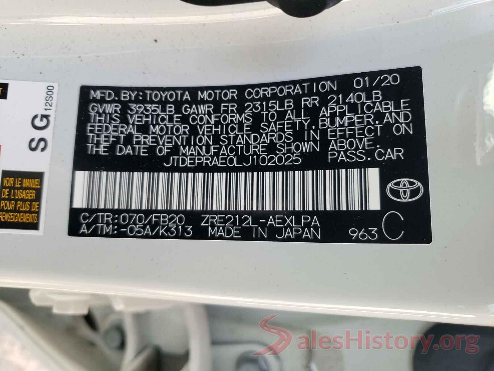 JTDEPRAE0LJ102025 2020 TOYOTA COROLLA