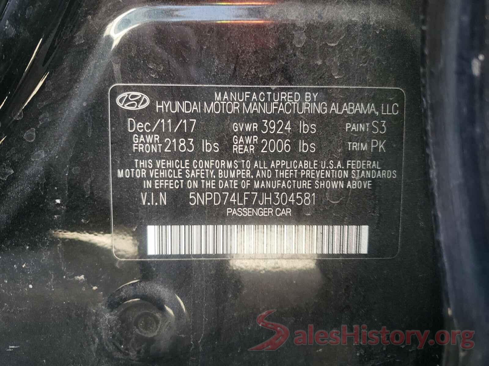 5NPD74LF7JH304581 2018 HYUNDAI ELANTRA