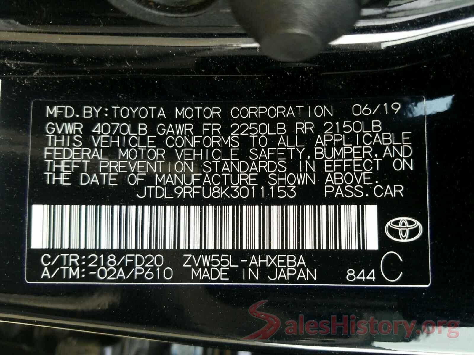 JTDL9RFU8K3011153 2019 TOYOTA PRIUS