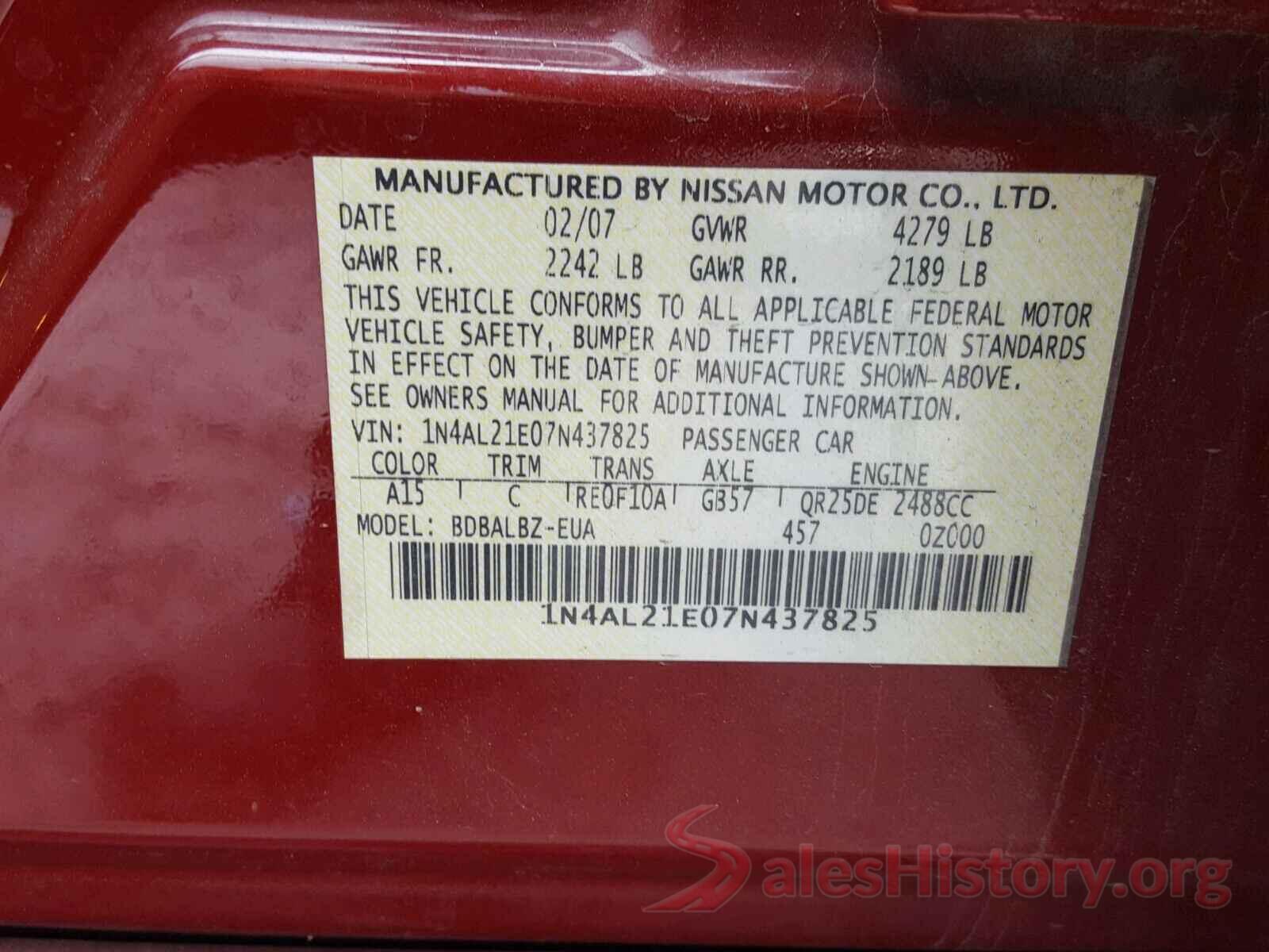 3VWCB7BU6KM233488 2007 NISSAN ALTIMA