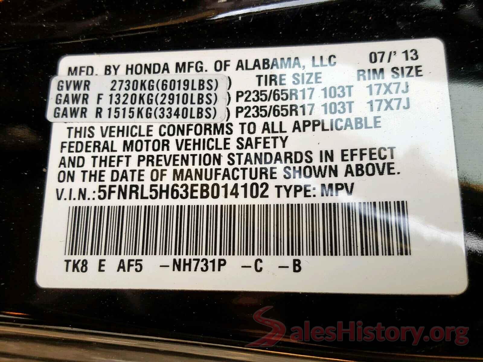 2T3W1RFV9LC052758 2014 HONDA ODYSSEY EX