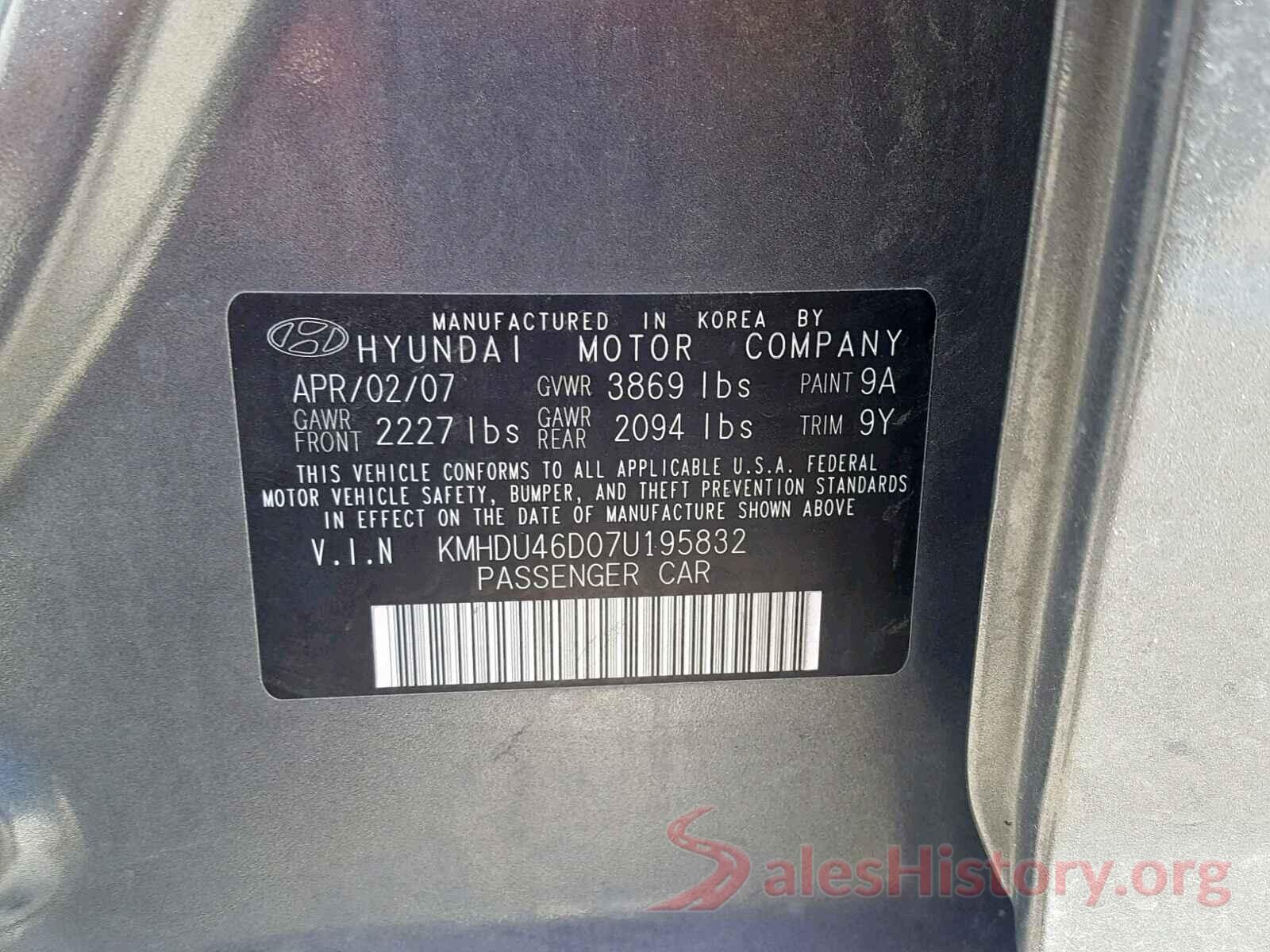 JM3KFACM1K0695868 2007 HYUNDAI ELANTRA