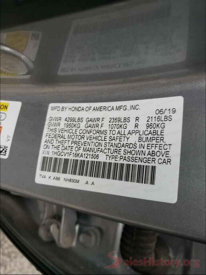 5XYRKDLF3MG019005 2019 HONDA ACCORD